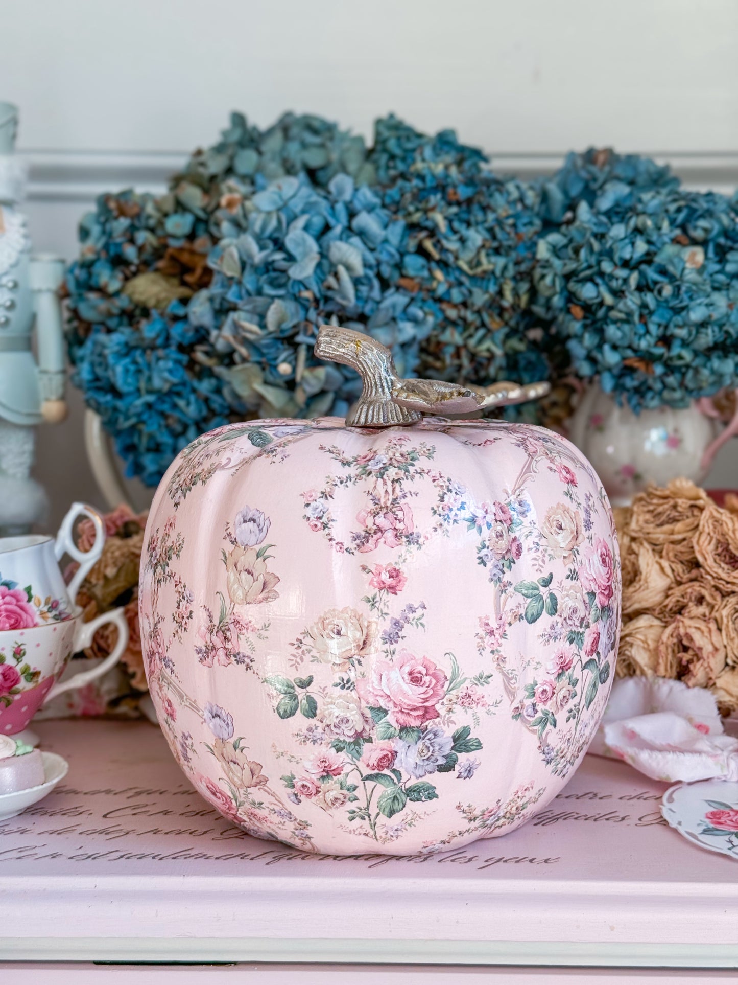 Bespoke Pastel Pink Hand Painted Shabby Chic Floral Pumpkin