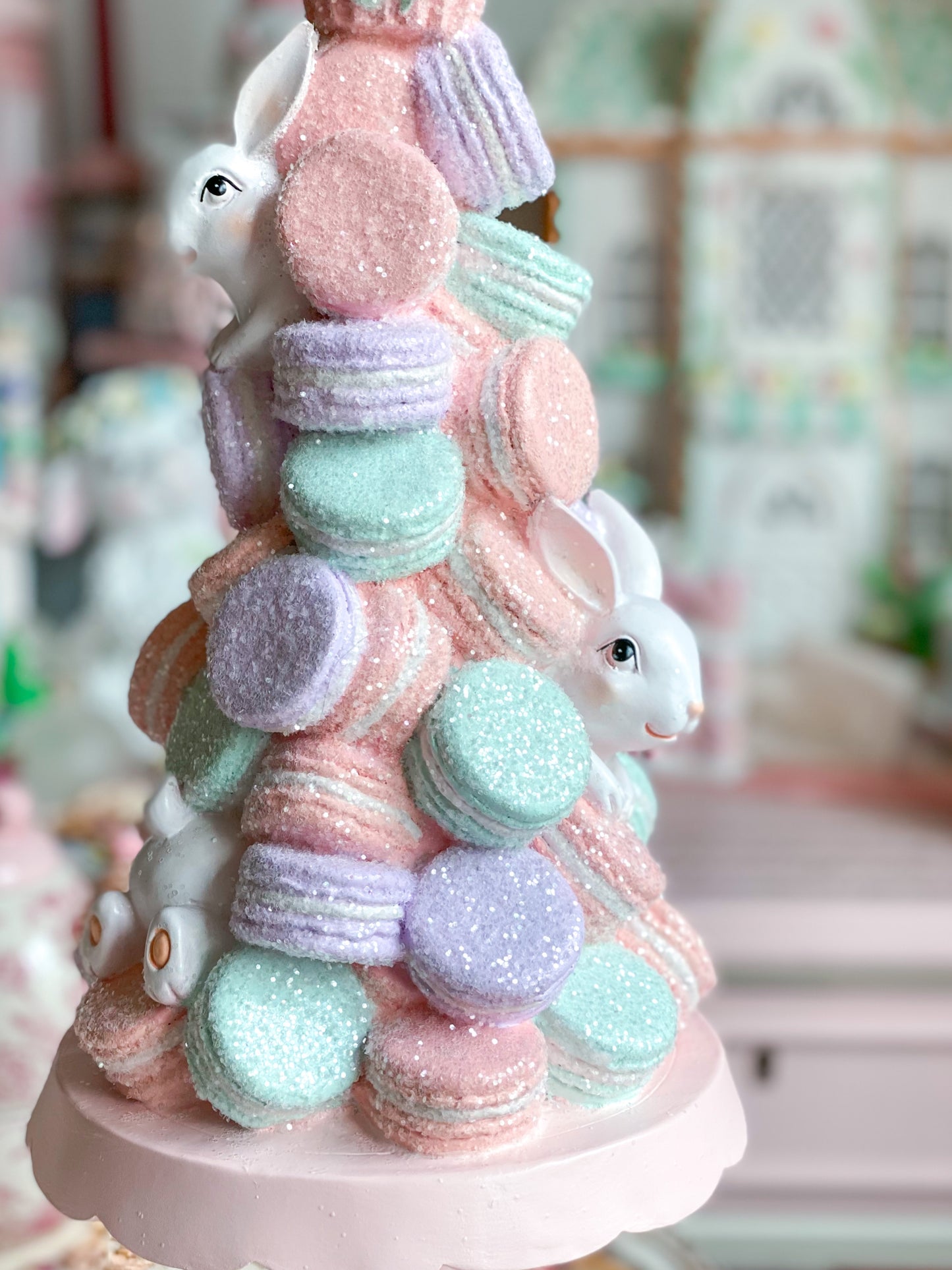 Bespoke Pastel Pink, Purple & Mint Green Bunny Macaron Tower on Blush Pink Pedestal Base