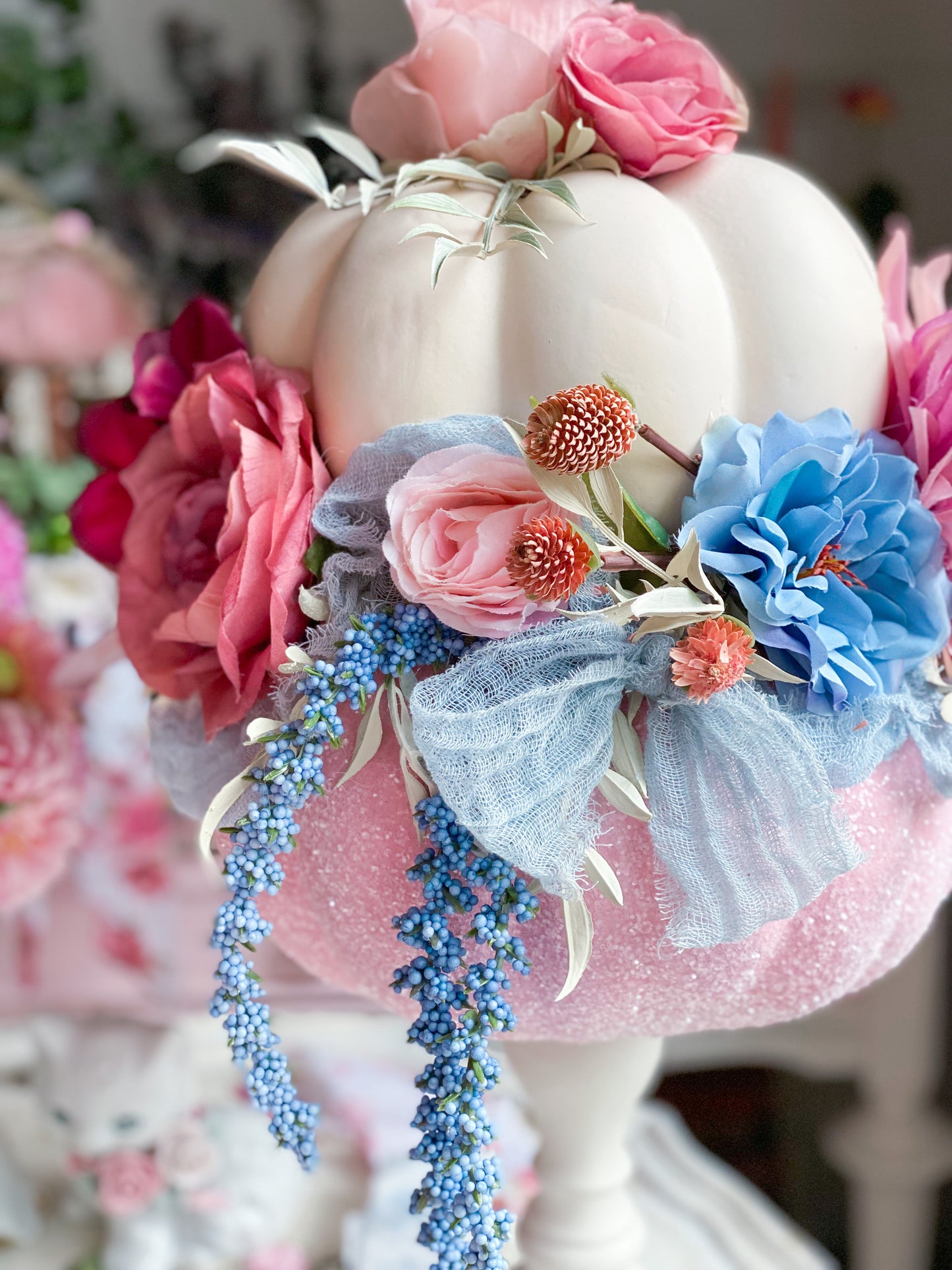 Bespoke Upcycled Pastel Cream, Pink and Blue Glam Glitter Pumpkin Topiary