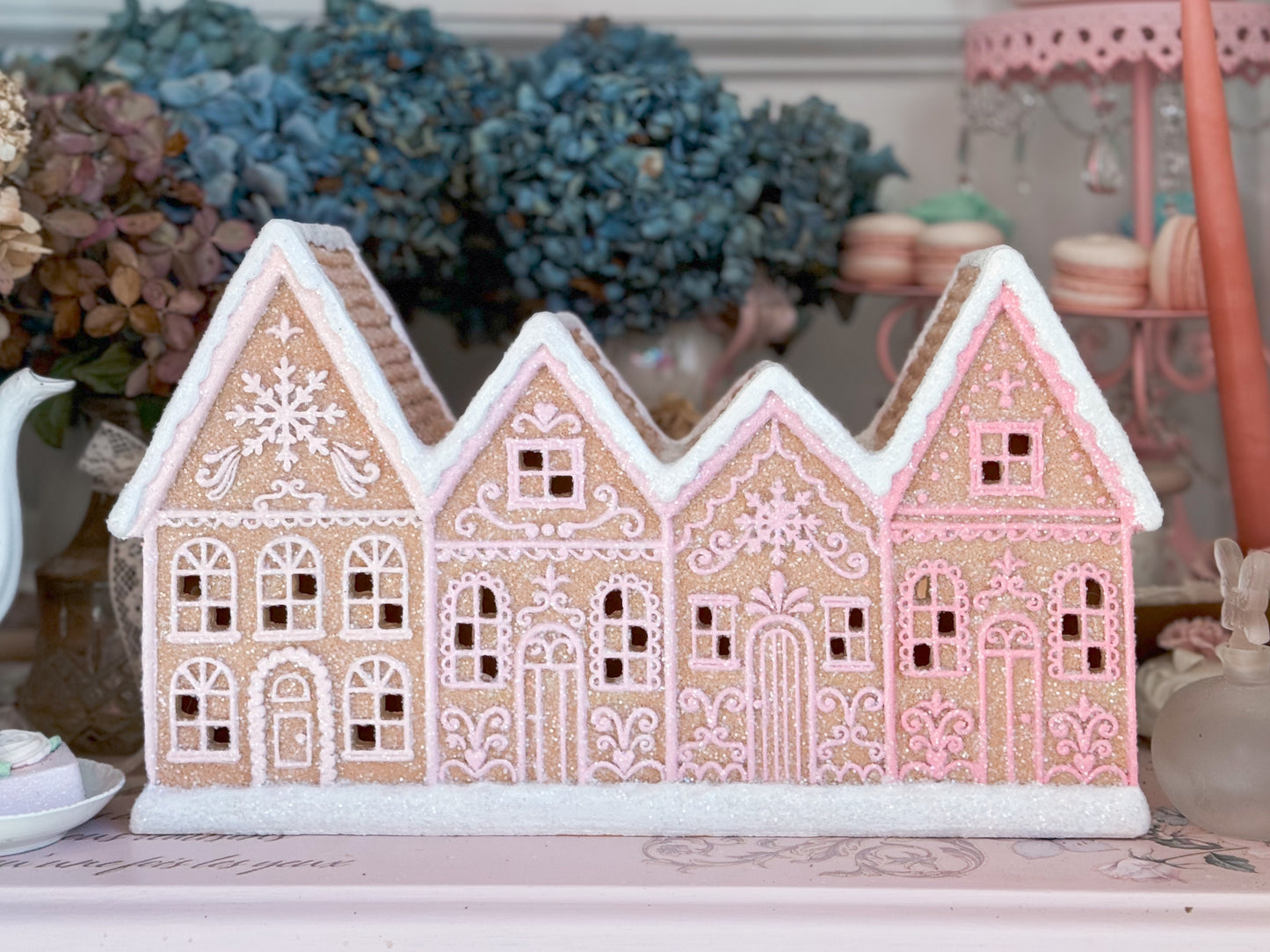 Bespoke Hand Painted Pink Ombre LED Light up Gingerbread Townhouses with Glitter