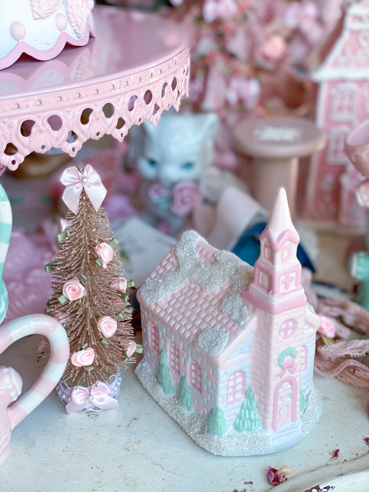 Bespoke Hand Painted Pastel Pink and White Christmas Village Petite Chapel