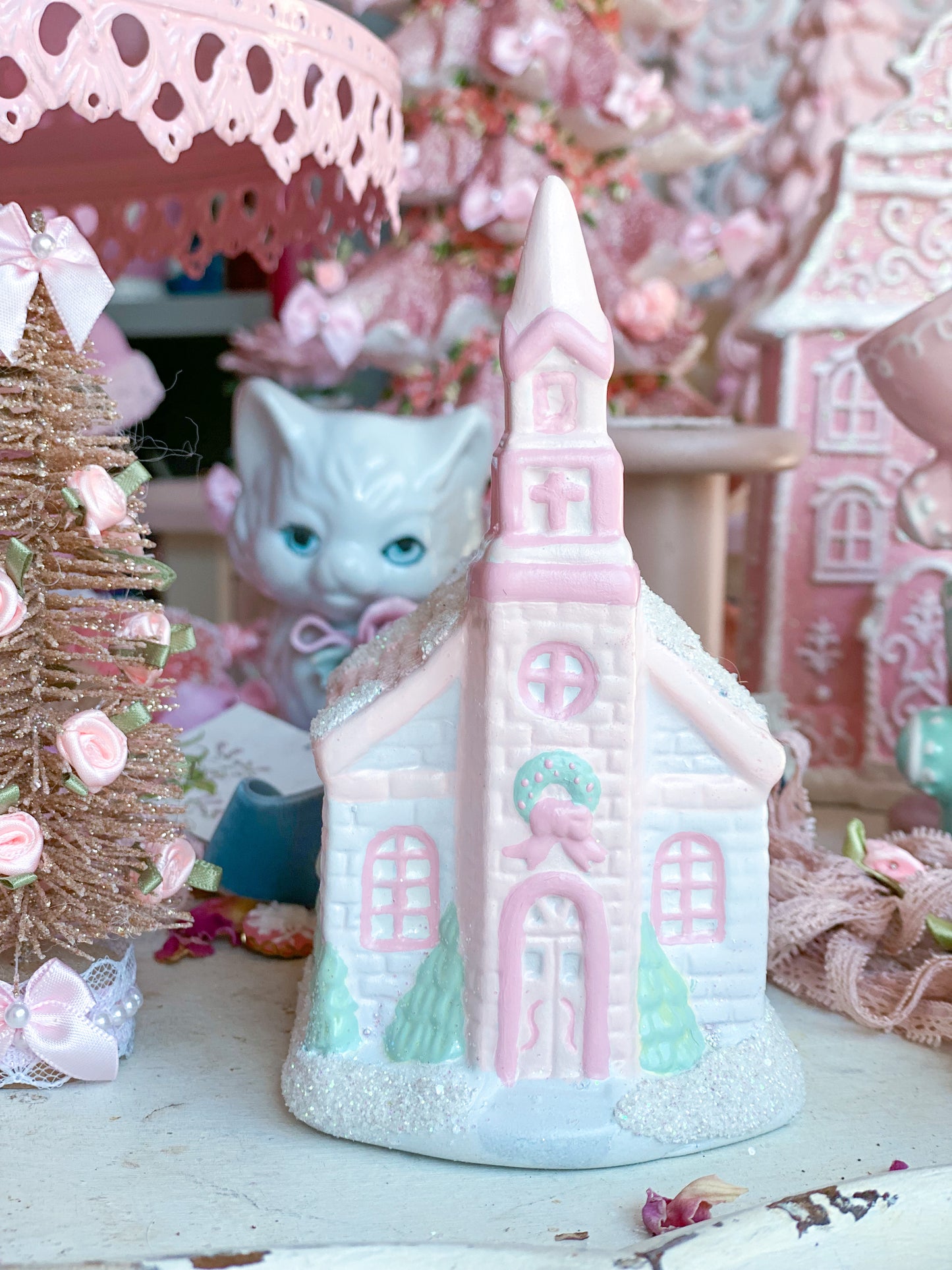 Bespoke Hand Painted Pastel Pink and White Christmas Village Petite Chapel