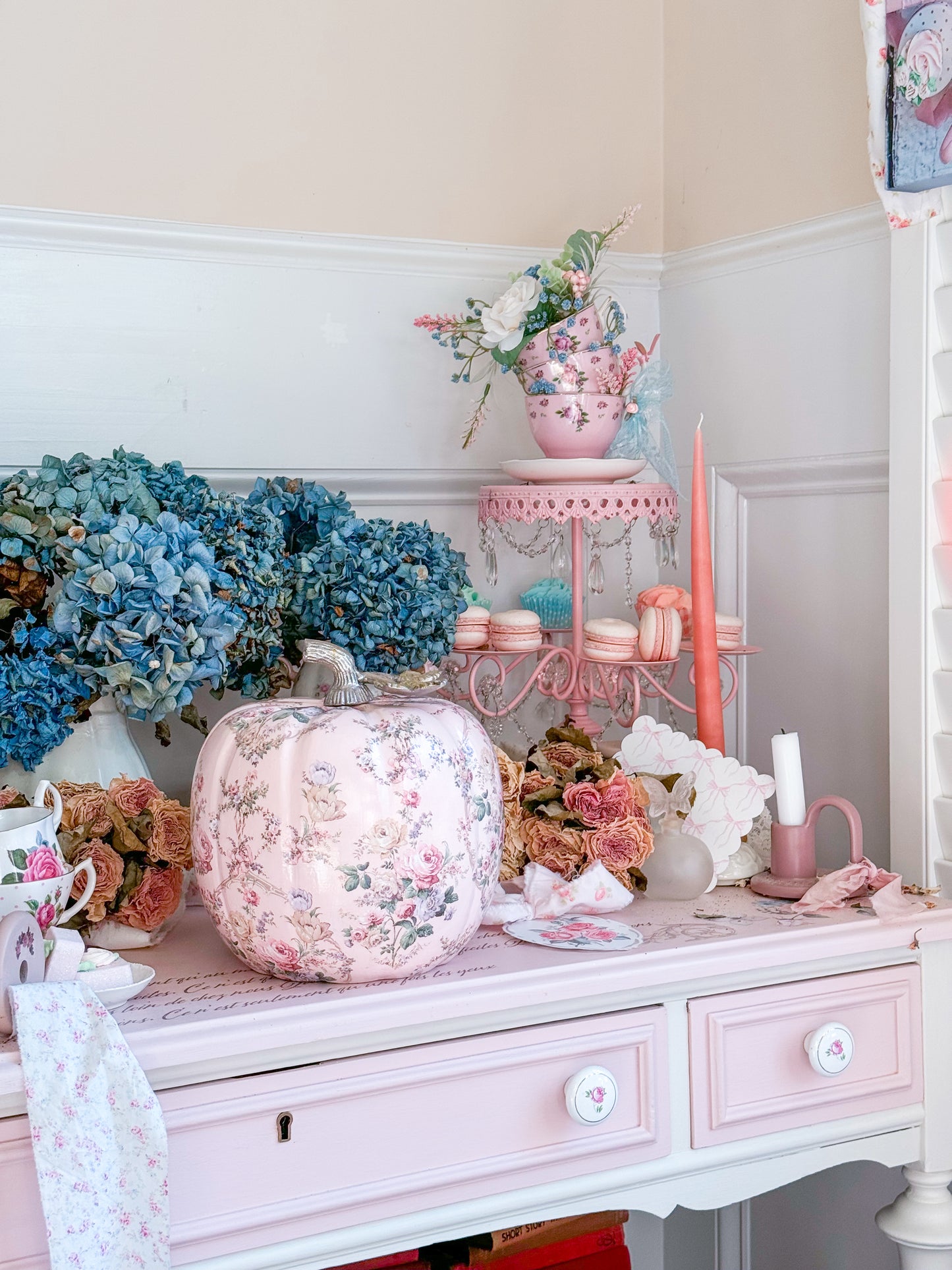 Bespoke Pastel Pink Hand Painted Shabby Chic Floral Pumpkin