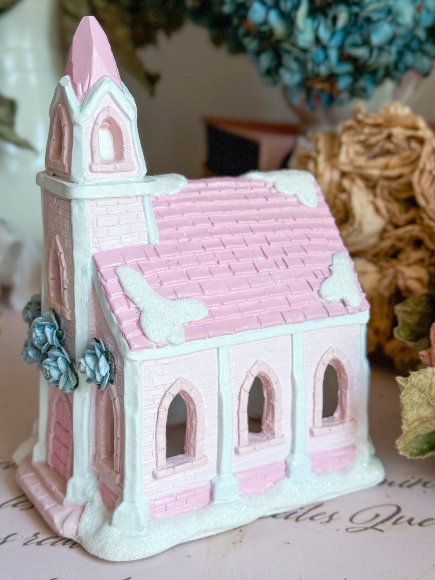 Bespoke Hand Painted Pastel Pink & Blue Christmas Village Church