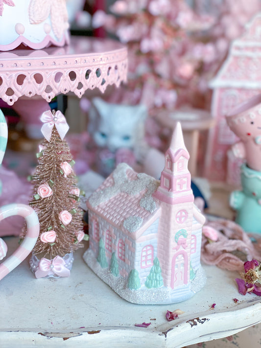 Bespoke Hand Painted Pastel Pink and White Christmas Village Petite Chapel