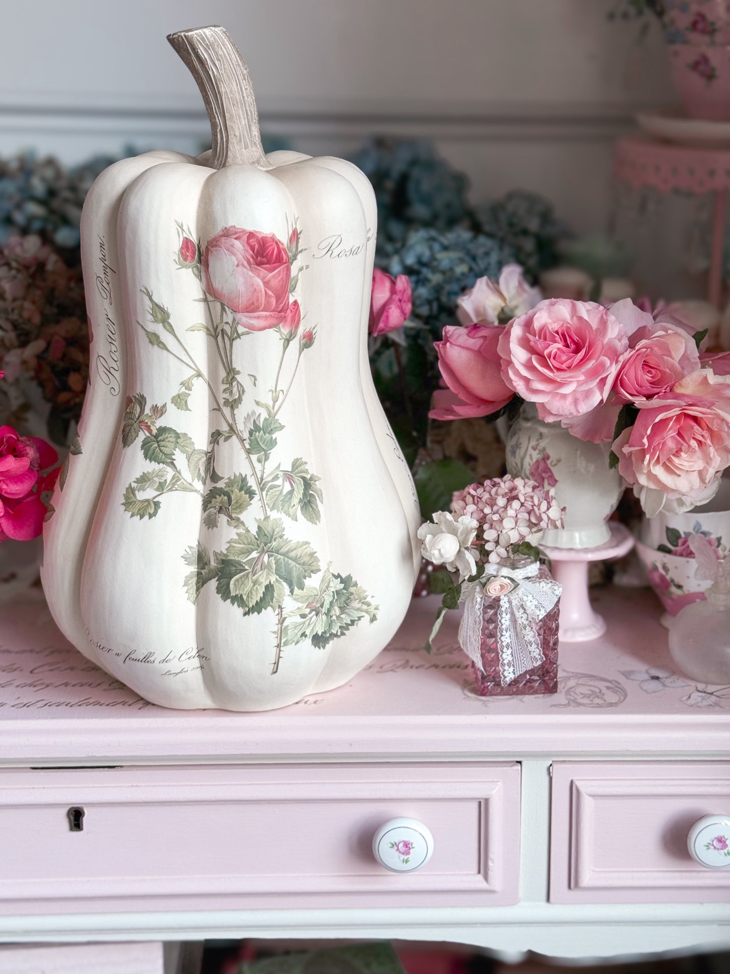 Bespoke Redoute Roses Pink and Cream Autumn Gourd Pumpkin