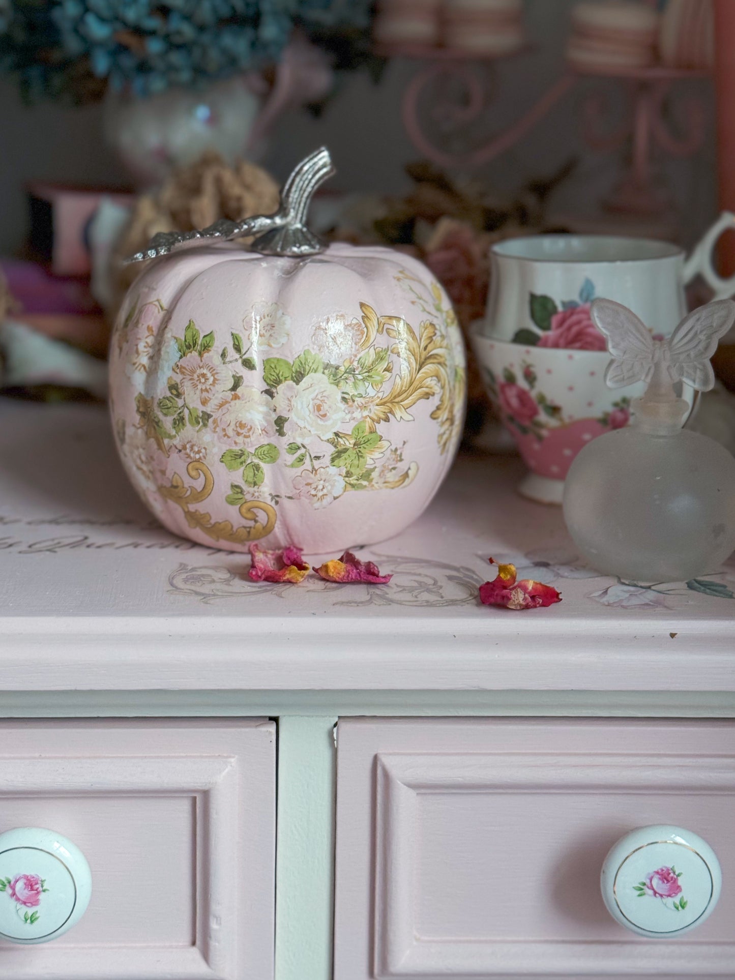 Bespoke Pastel Pink Rococo Hand Painted 5” Floral Pumpkin