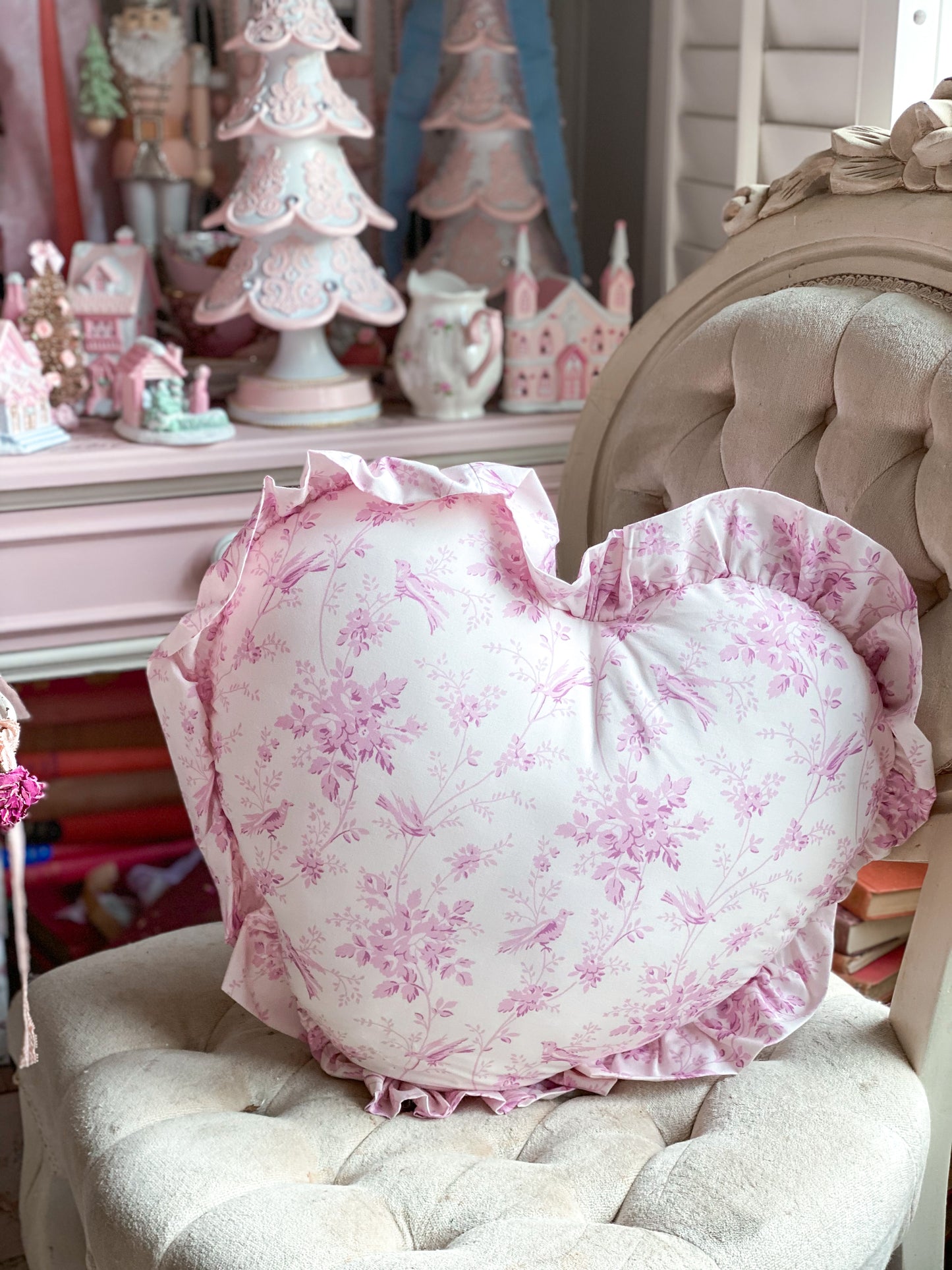 Pink Floral Shabby Chic Heart Throw Pillow