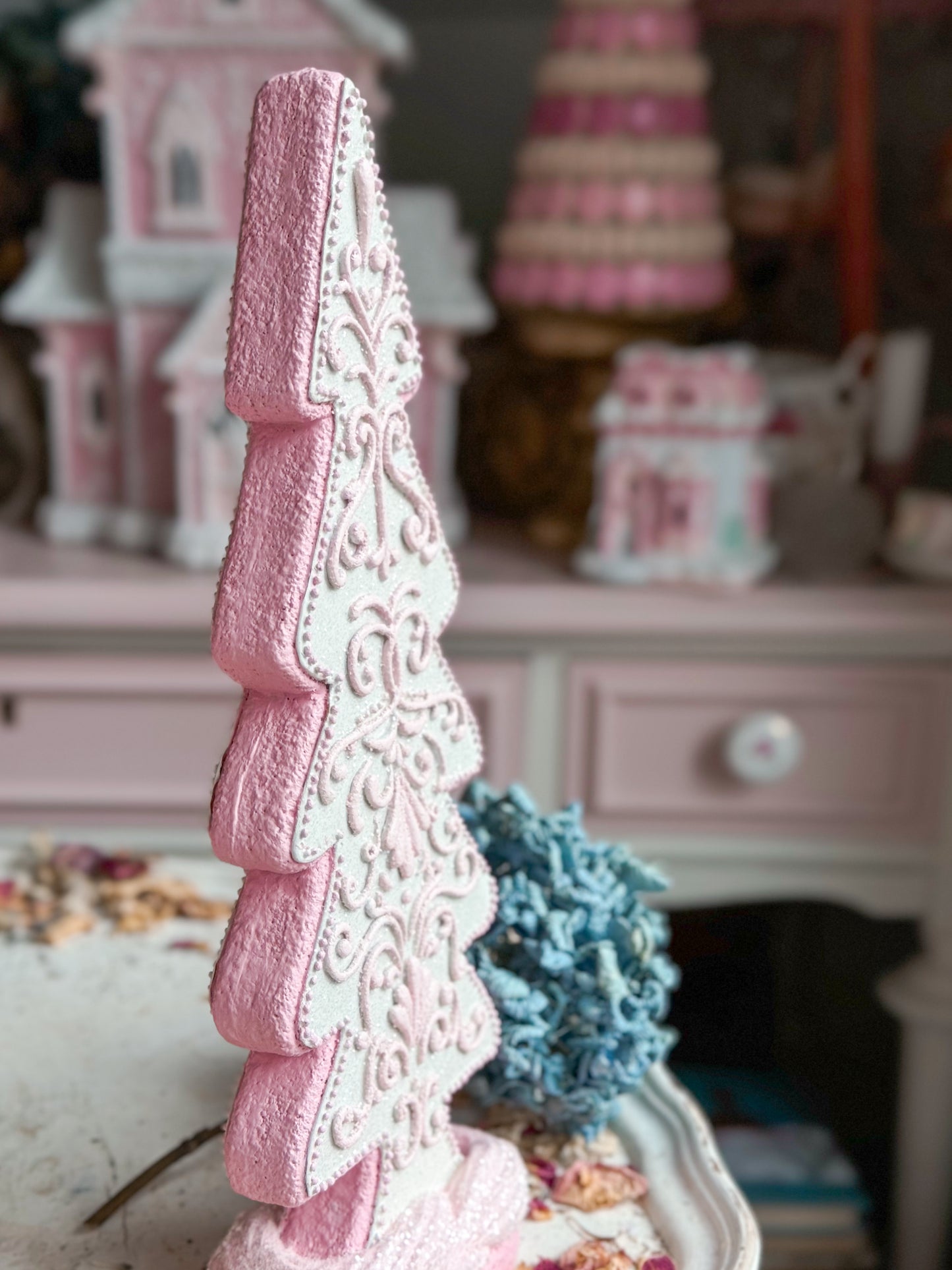 Bespoke Hand Painted Pastel Pink & White Gingerbread Cookie Christmas Tree