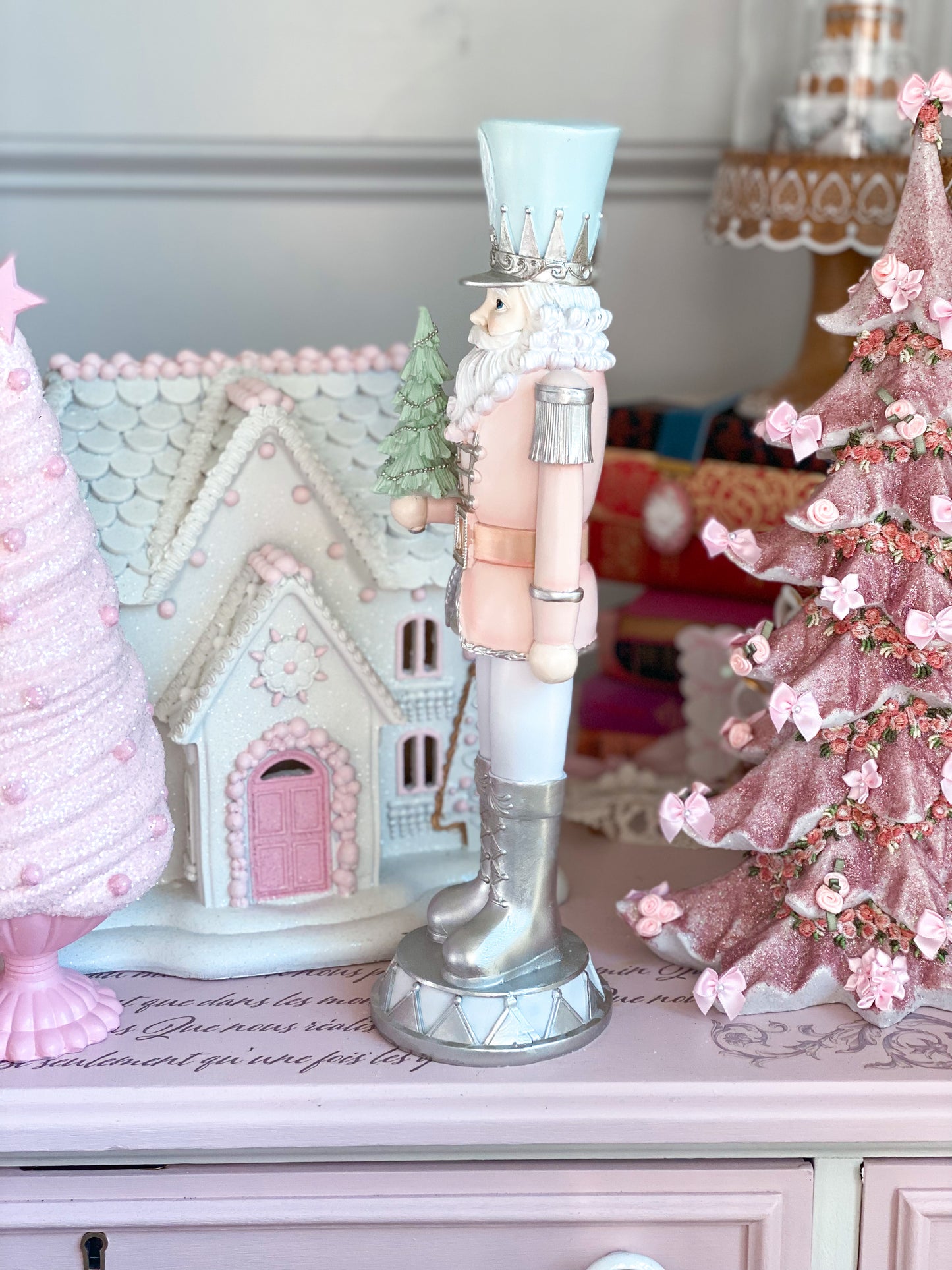 Pastel Pink, blue and Silver Nutcracker holding Christmas Tree