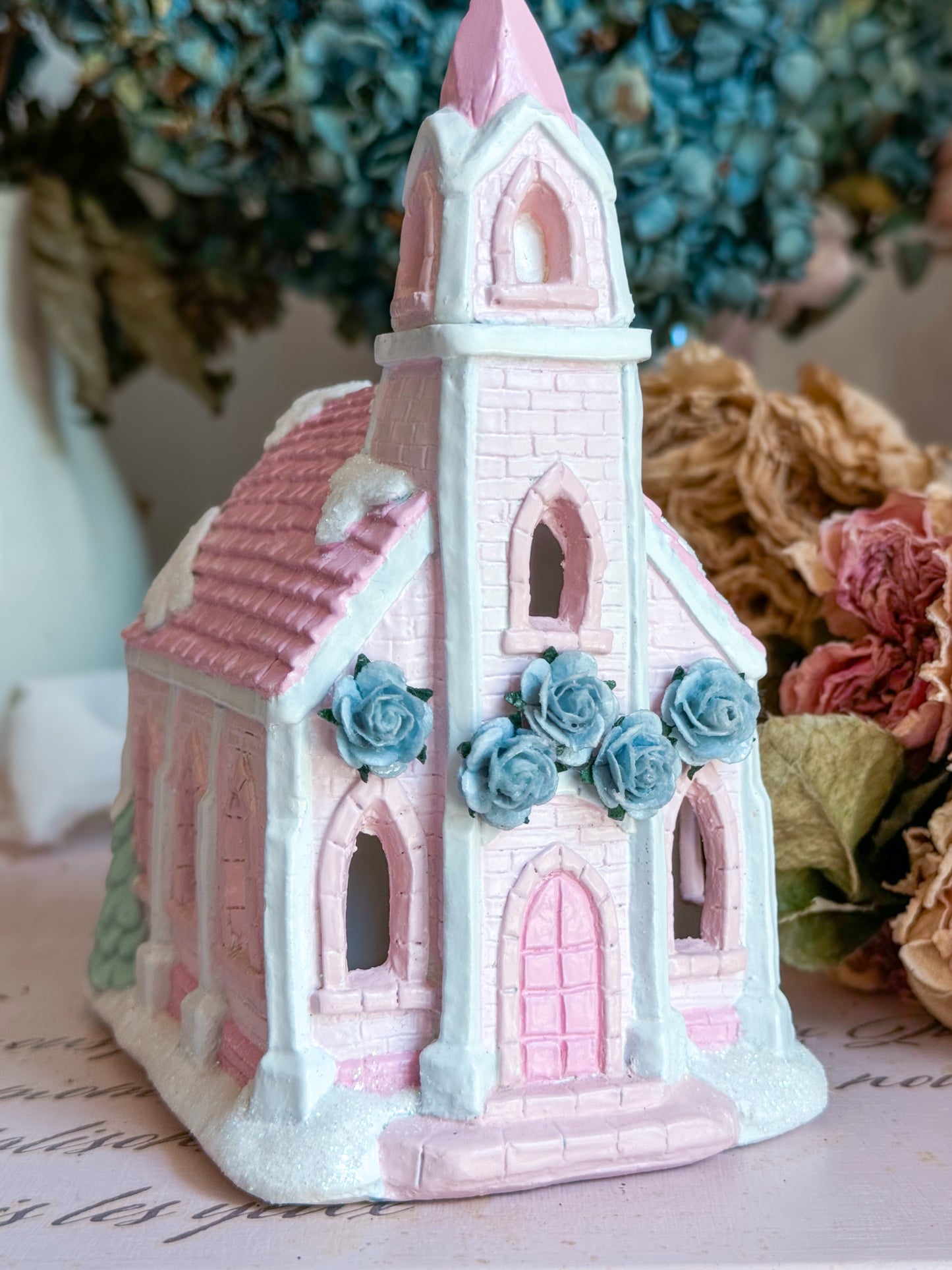 Bespoke Hand Painted Pastel Pink & Blue Christmas Village Church