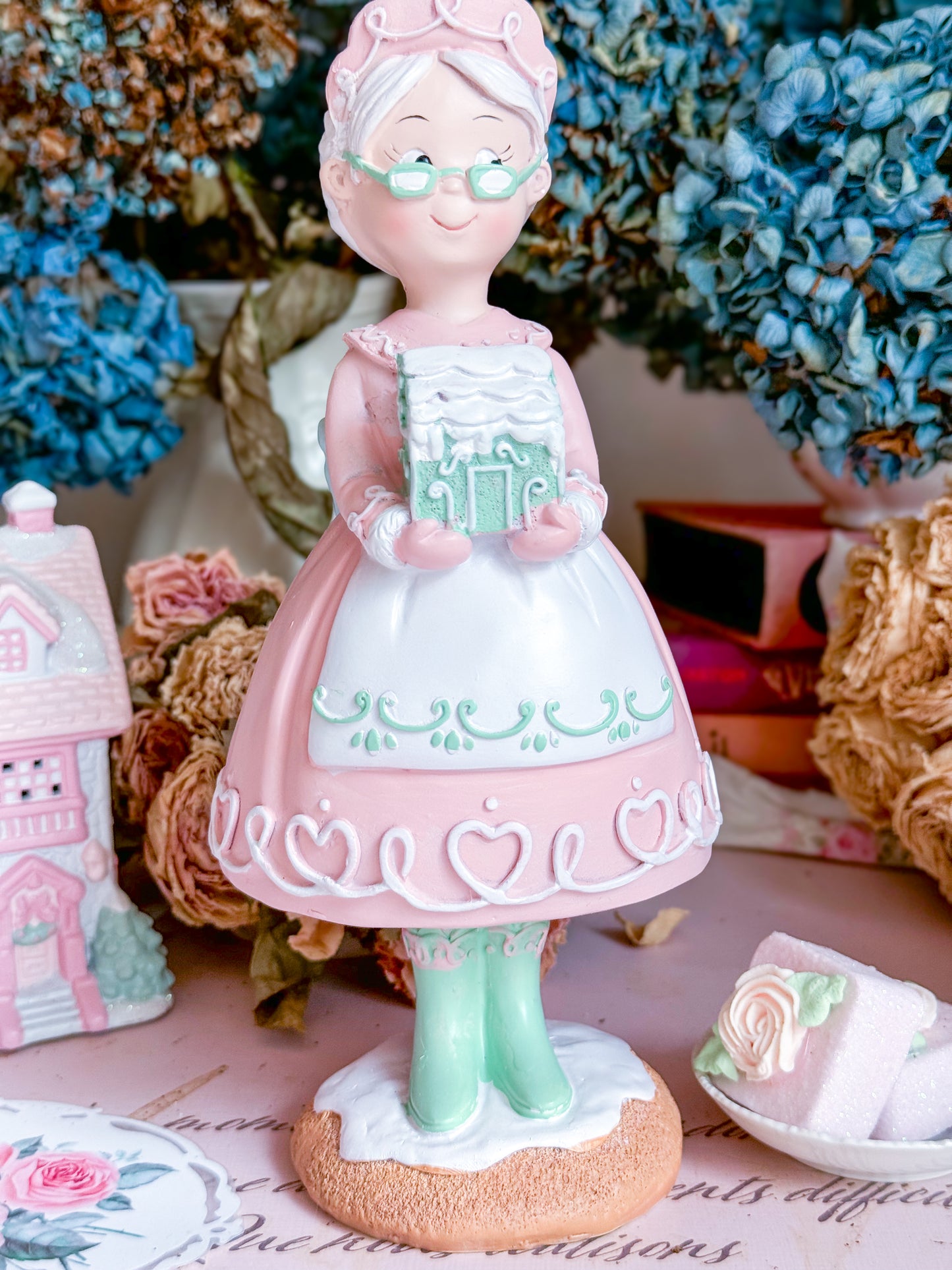 Pastel Pink & Mint Green Mrs Claus Figurine