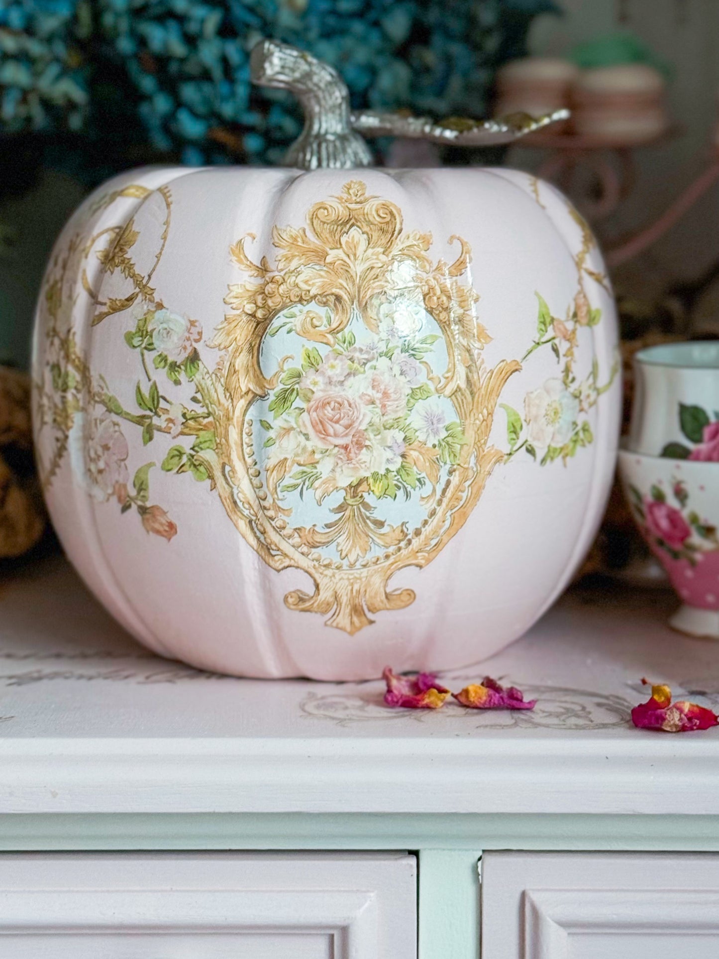 Bespoke Pastel Pink Hand Painted Rococo Inspired Coquette Floral Pumpkin Limited Edition