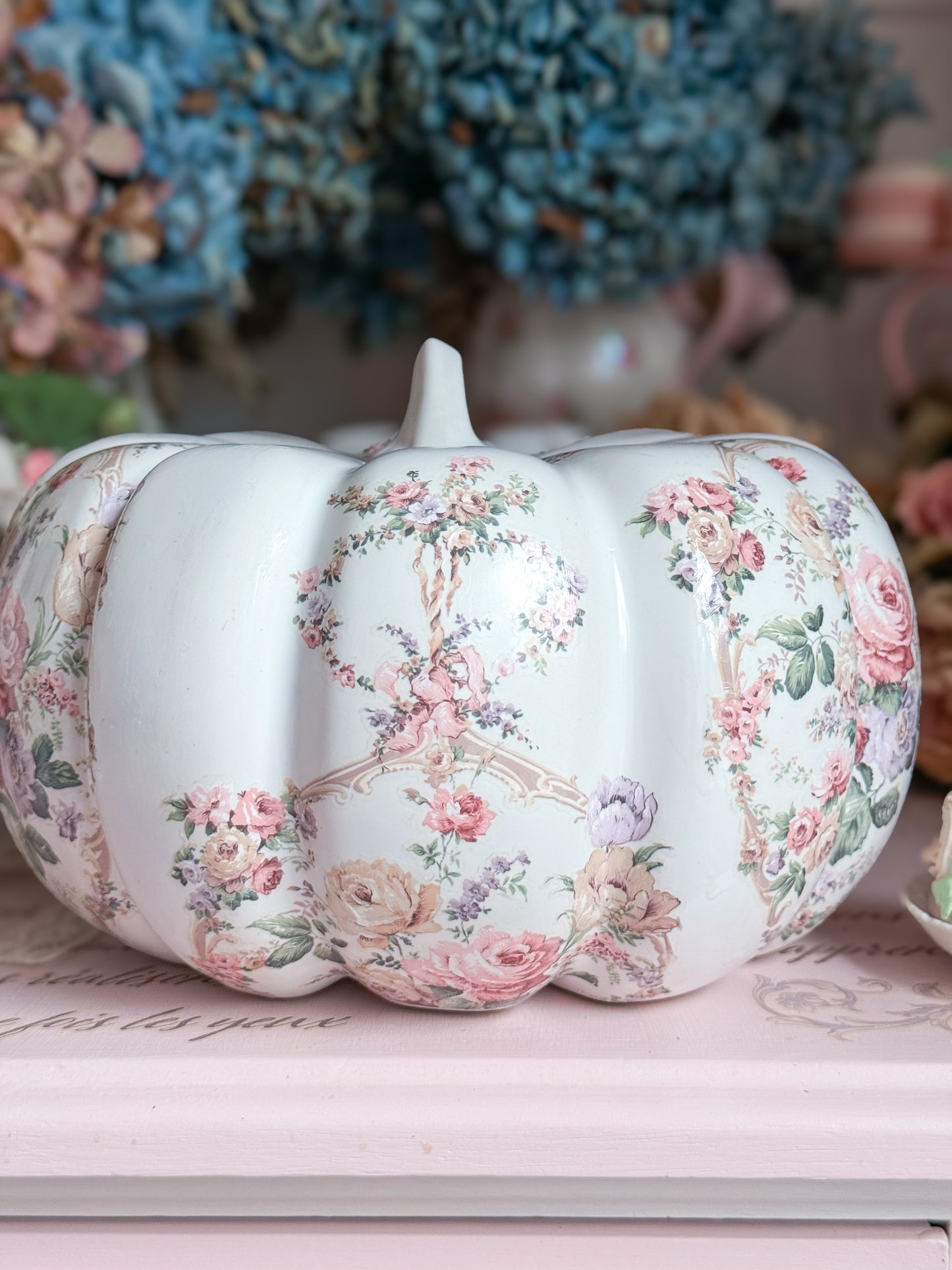 Bespoke Shabby Chic White Floral Ceramic Pumpkin + Custom Blue Paint