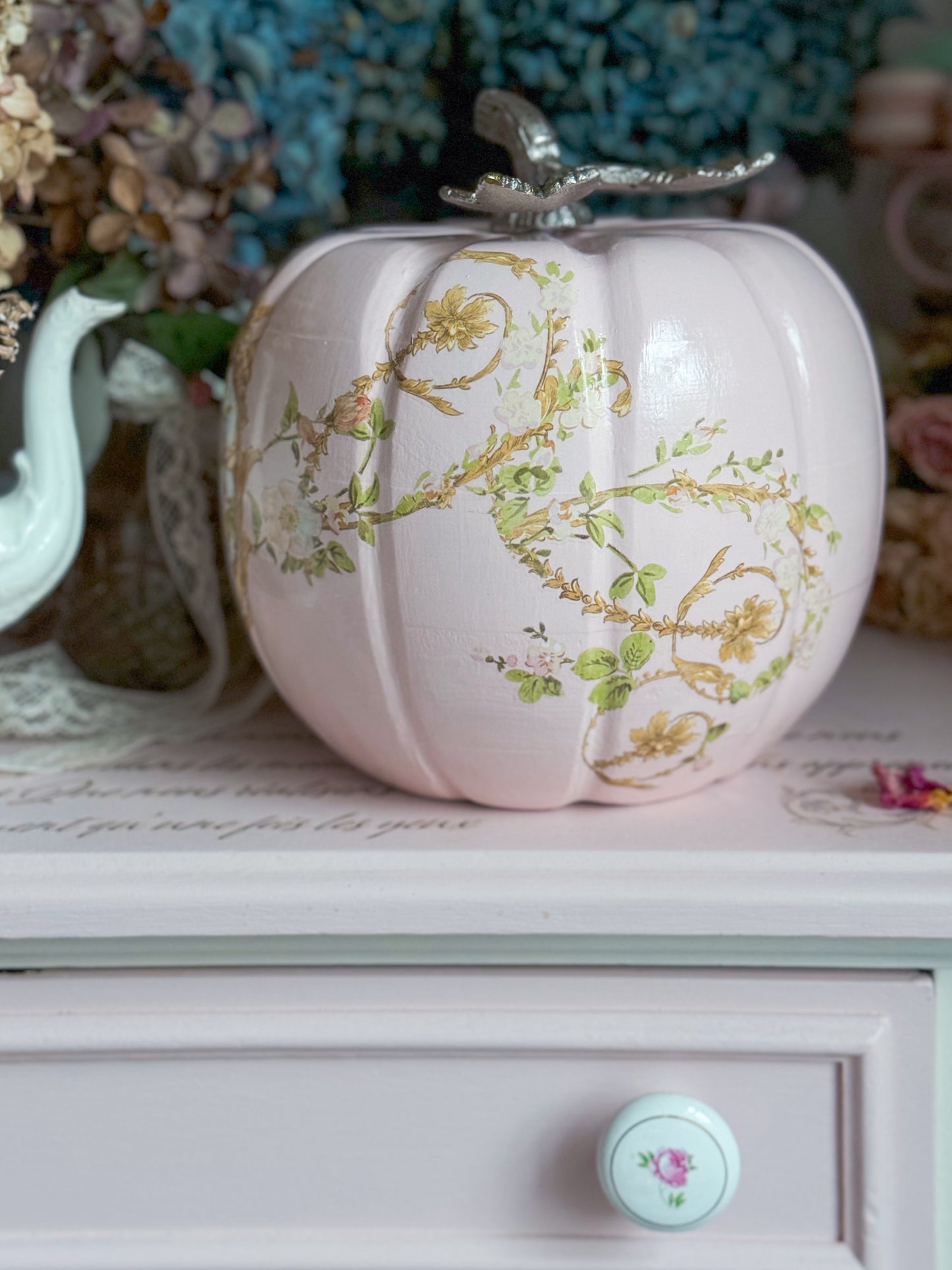 Bespoke Pastel Pink Hand Painted Rococo Inspired Coquette Floral Pumpkin Limited Edition