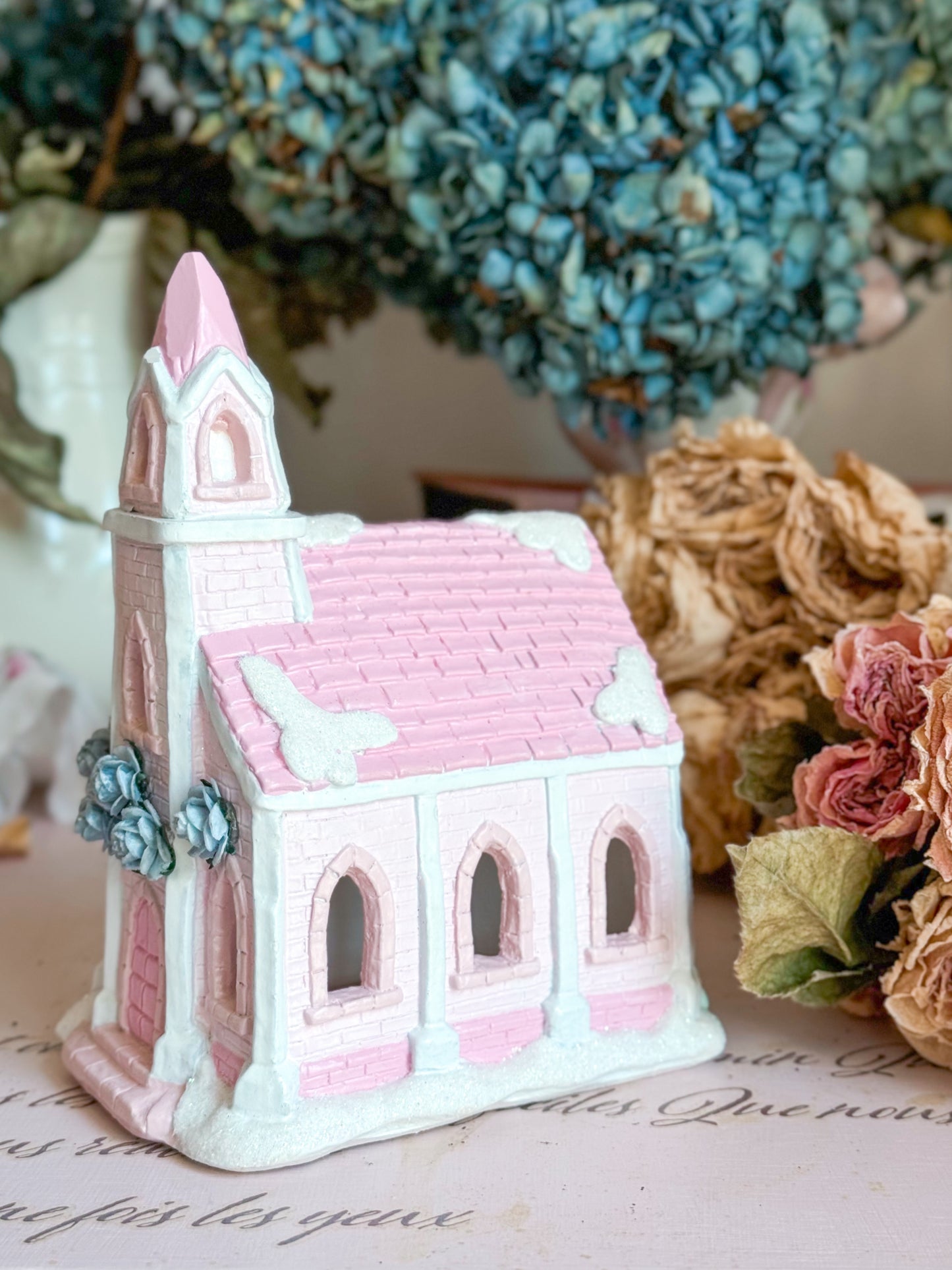 Bespoke Hand Painted Pastel Pink & Blue Christmas Village Church