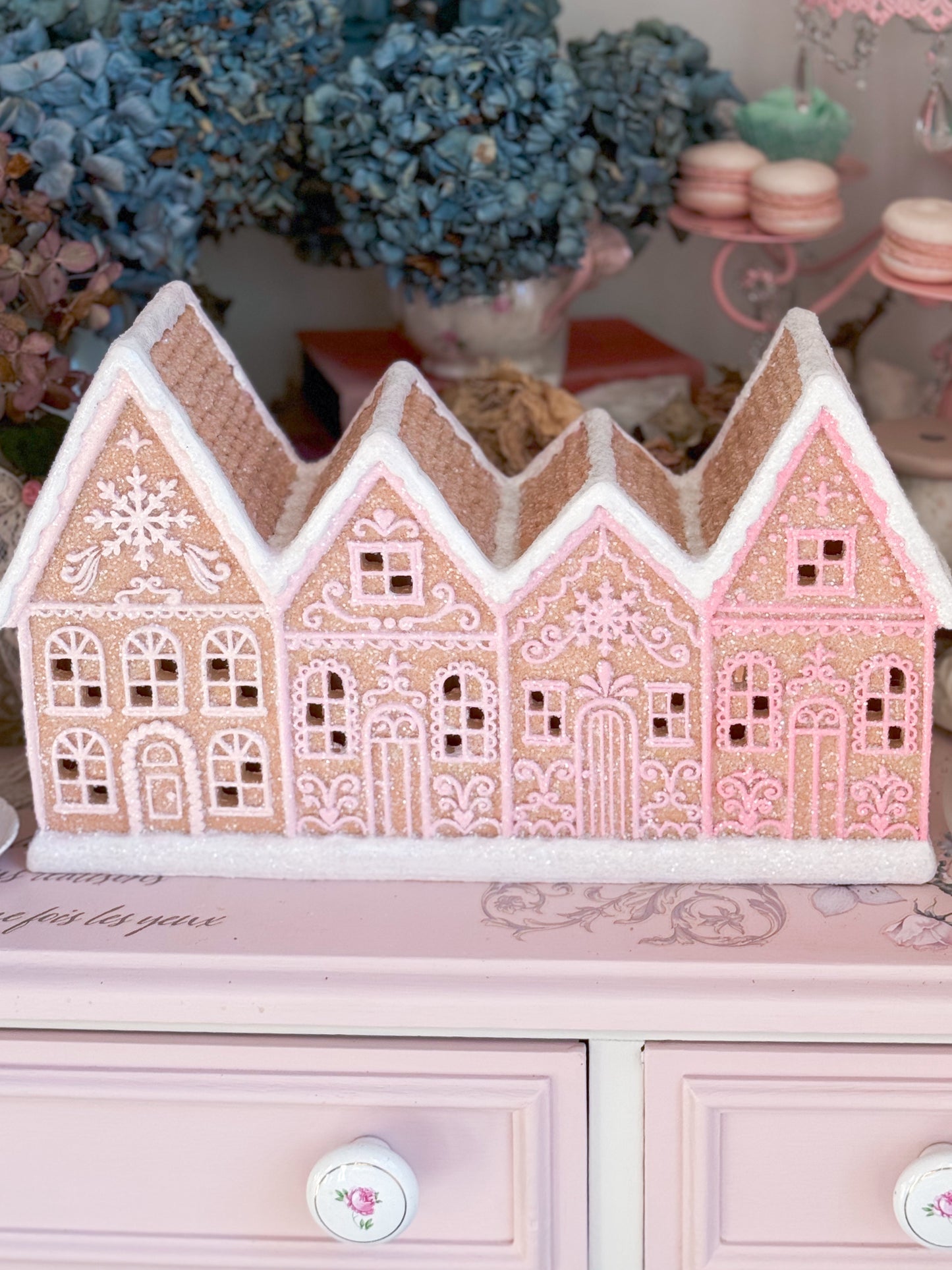 Bespoke Hand Painted Pink Ombre LED Light up Gingerbread Townhouses with Glitter