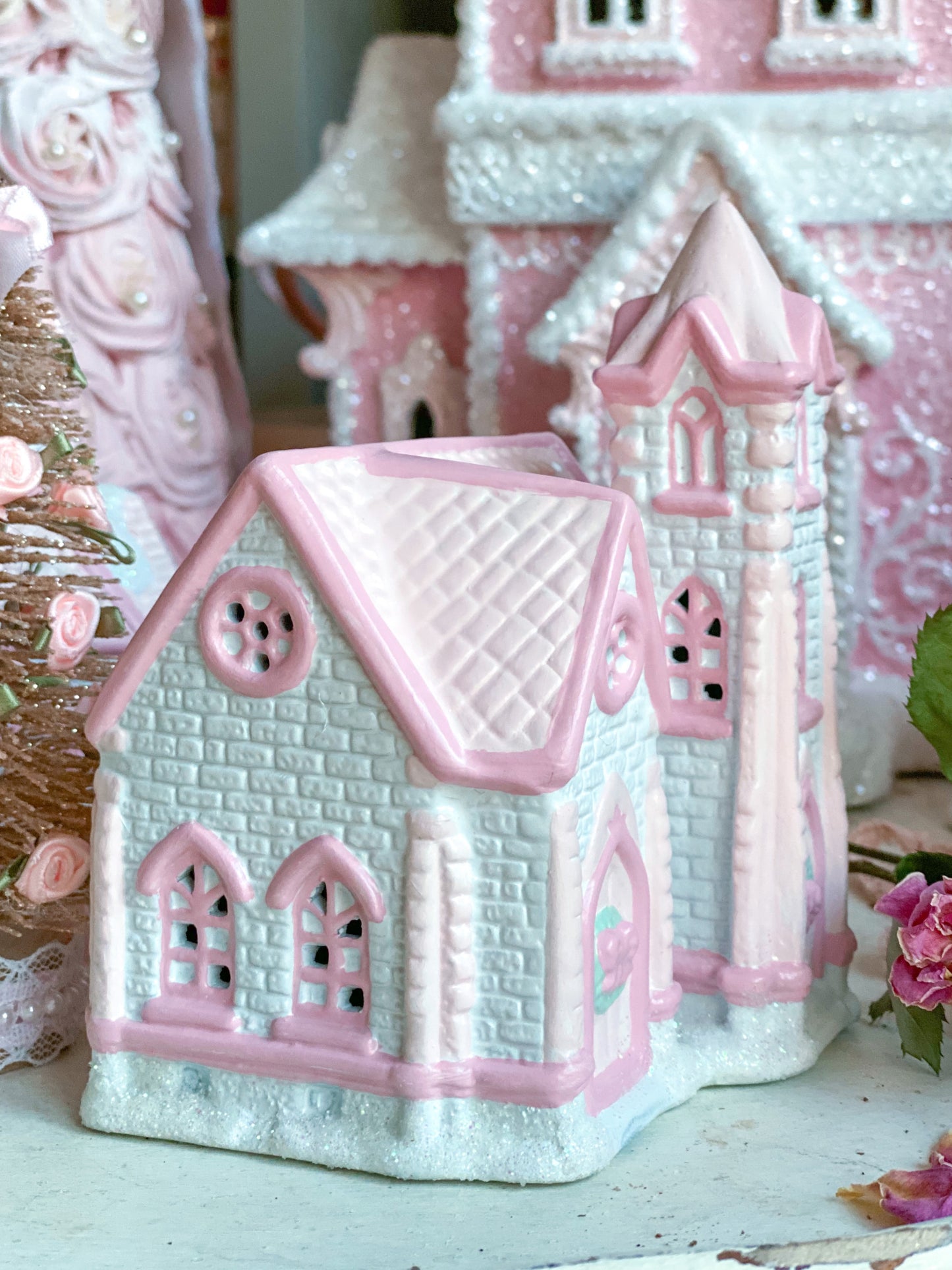 Bespoke Hand Painted Pastel Pink and White Christmas Village Petite Hope Community Church