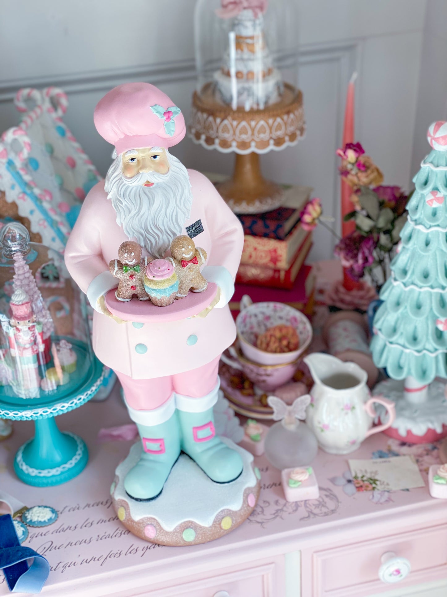 GLOW-UP COMMISSION: Hand Painted Pastel Pink and Mint Green Baking Santa with Gingerbread Men