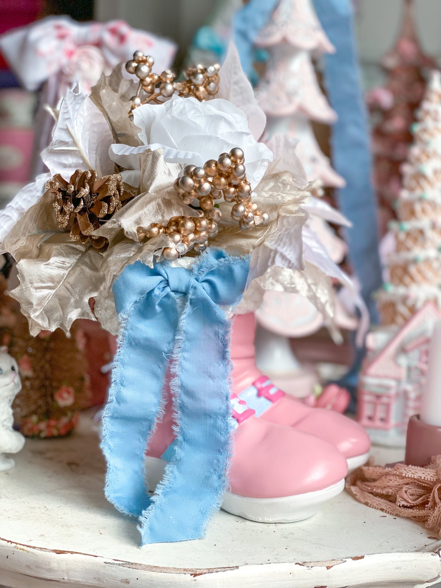 Bespoke Pastel Pink & Blue Santa Boots with Pink Poinsettia Arrangement