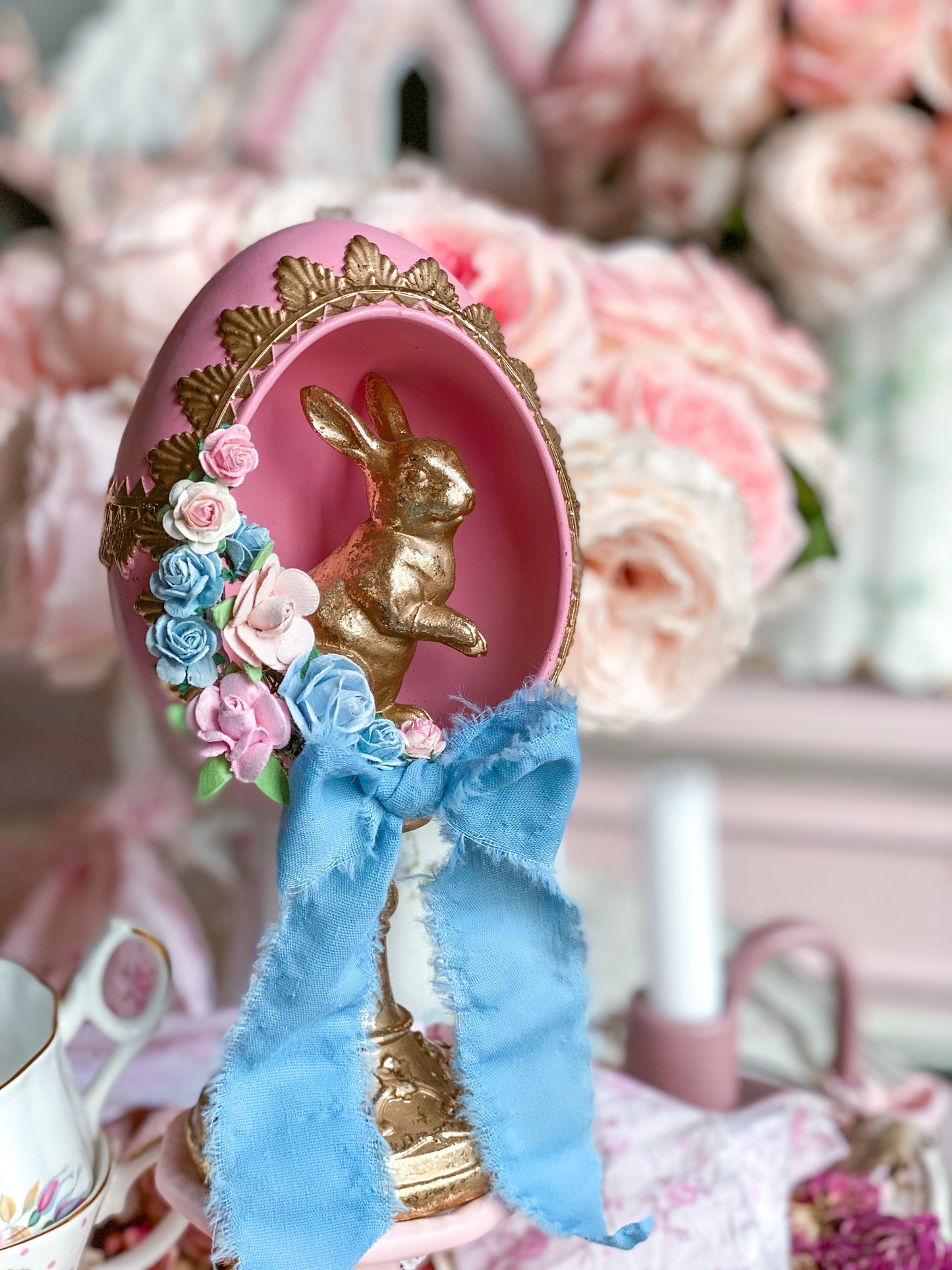 Bespoke Pastel Pink, Blue and Gold Shabby Chic Egg Finial with Easter Bunny