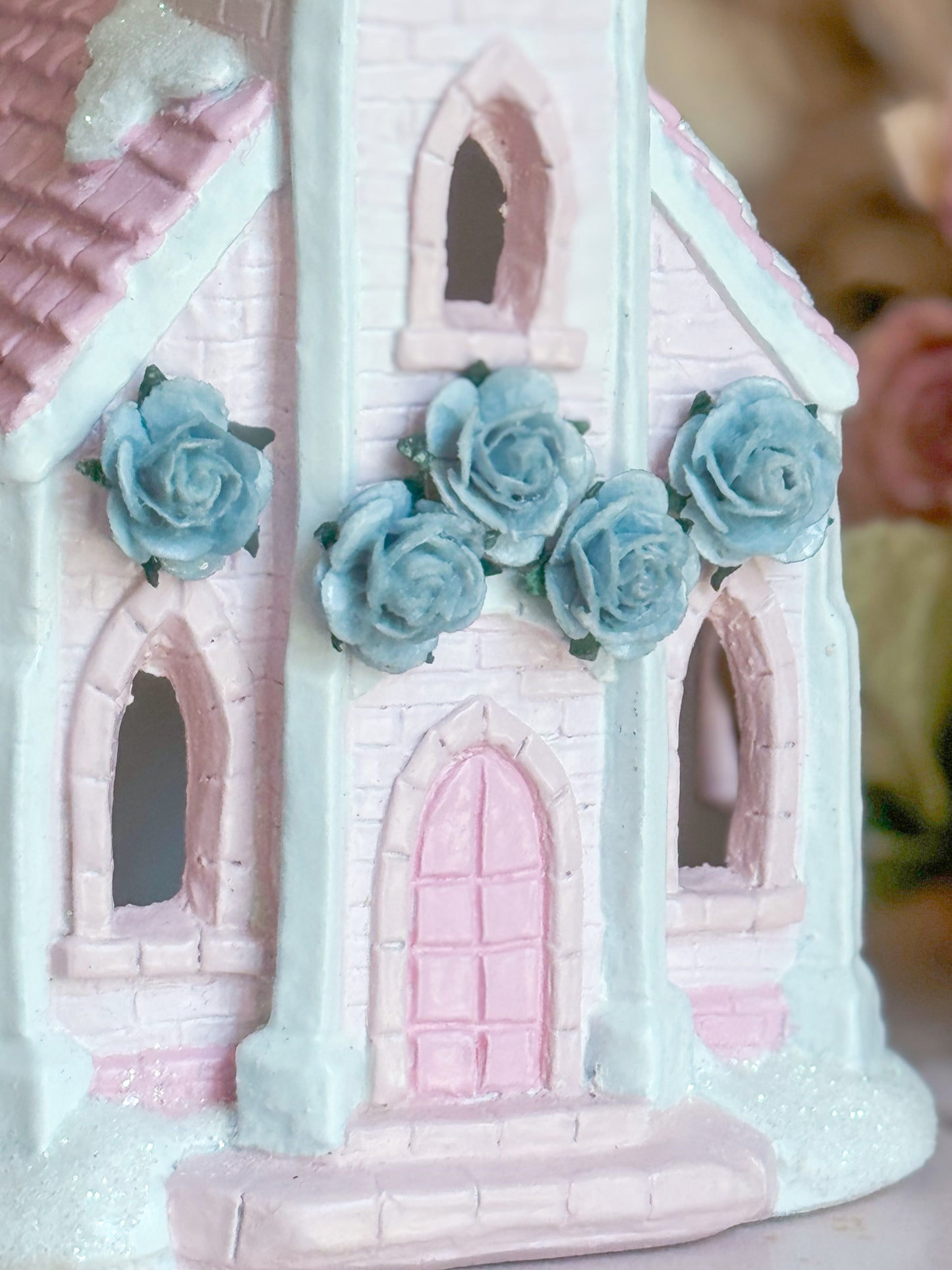 Bespoke Hand Painted Pastel Pink & Blue Christmas Village Church