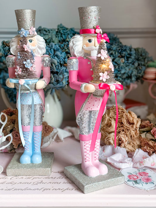 Bespoke Pink and Silver Hand Painted Nutcracker holding LED Light up Tree with Flowers and Bows