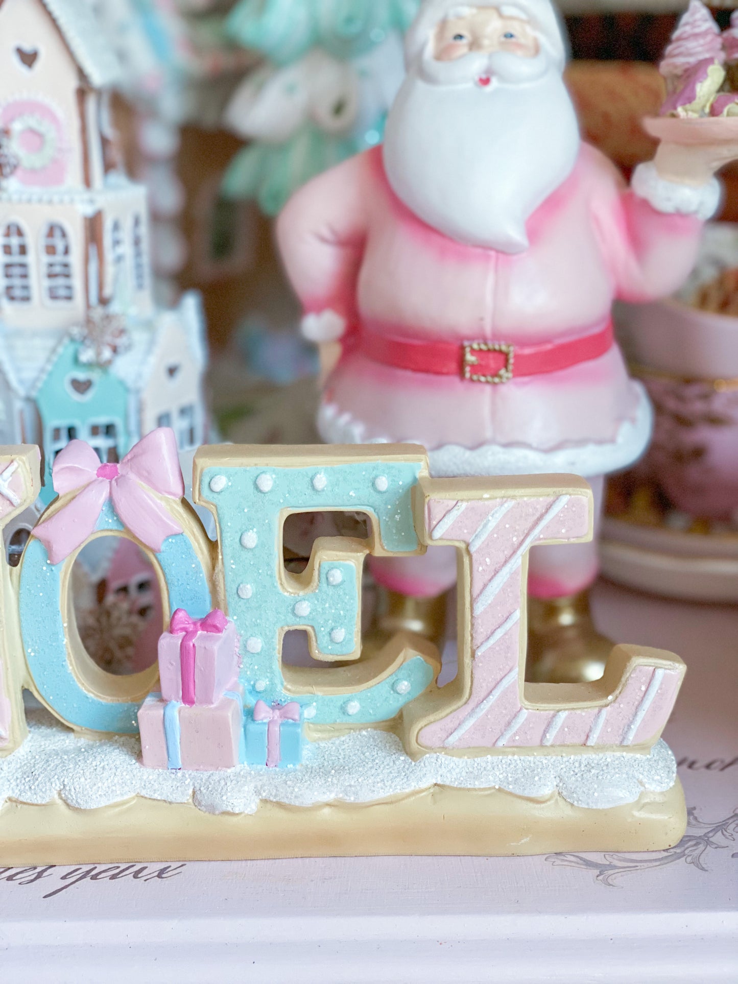 Bespoke Noel Gingerbread Sign w/ pink bow & packages