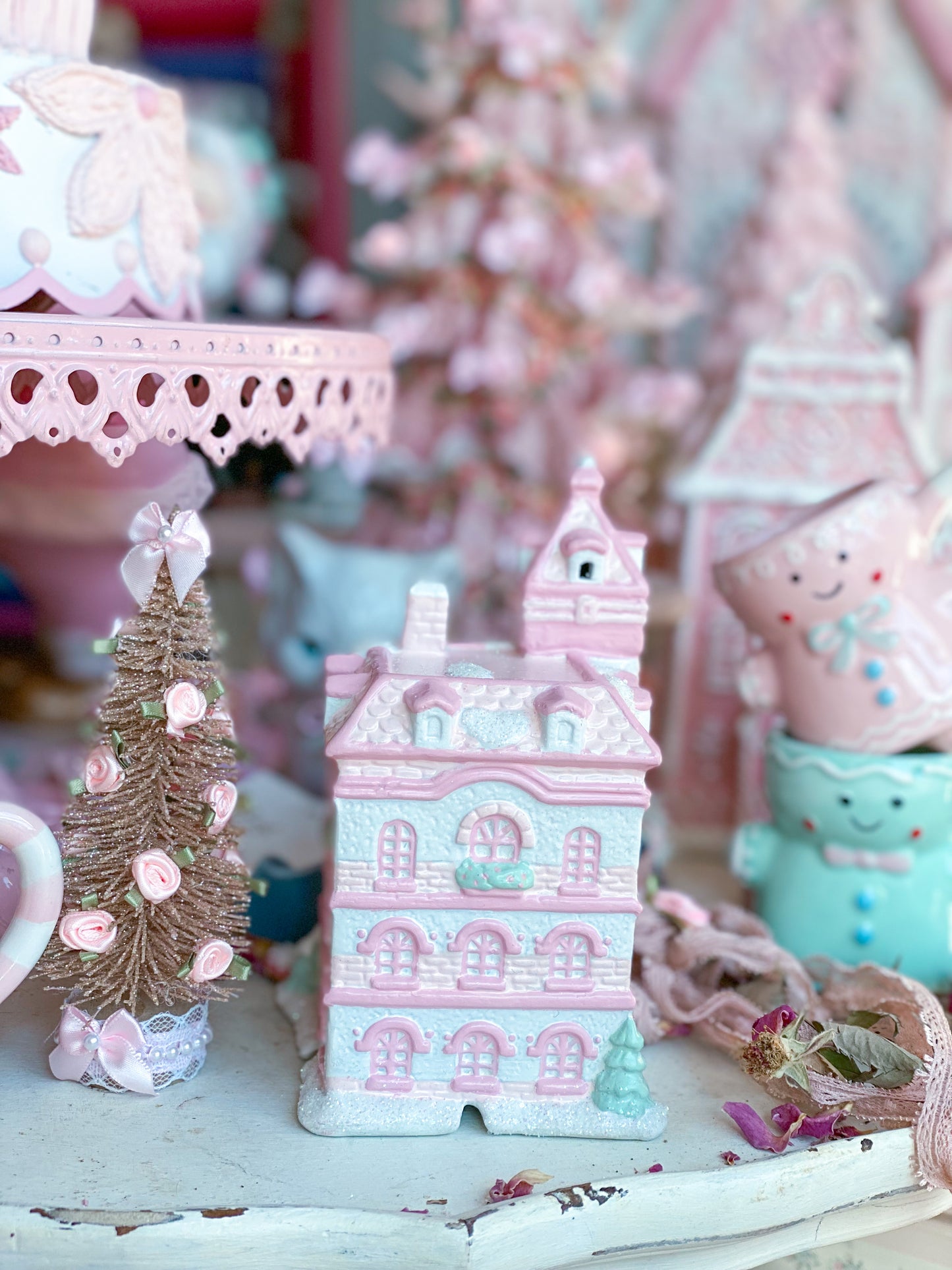 Bespoke Pastel Pink and White Petite Christmas Village Ritz Hotel