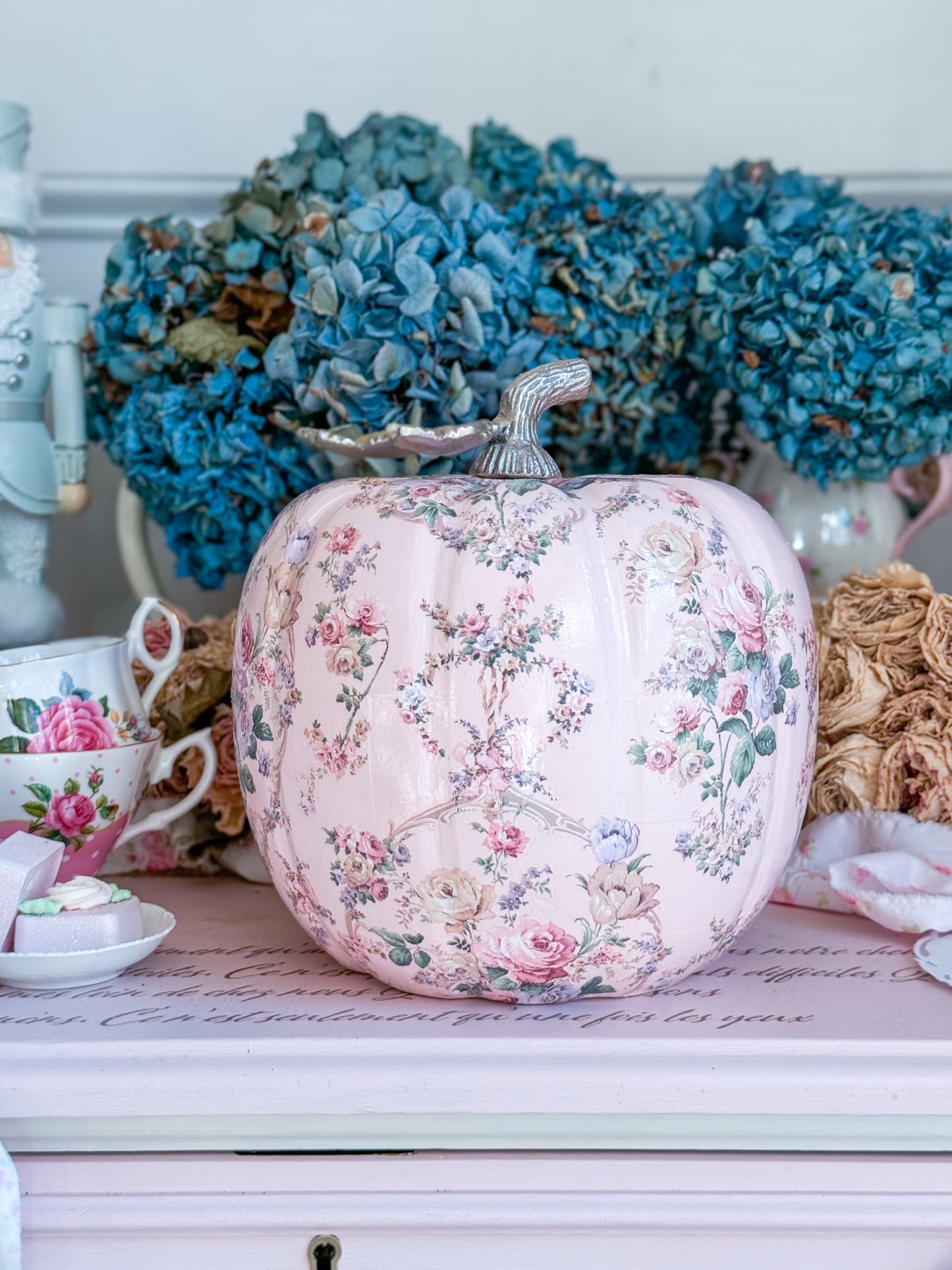 Bespoke Pastel Pink Hand Painted Shabby Chic Floral Pumpkin