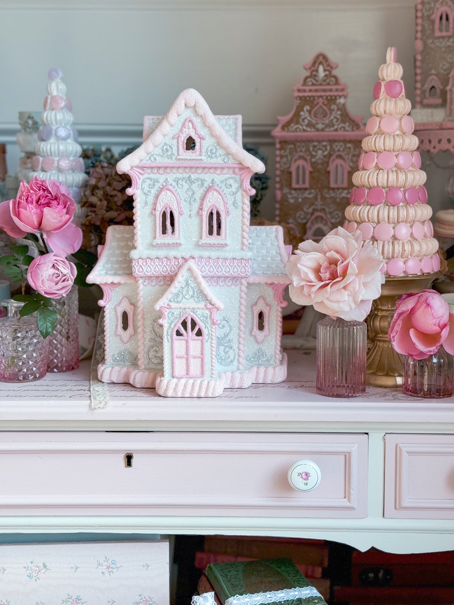 GLOW-UP COMMISSION: Bespoke Pastel Pink and White Hand Painted Two-Story Victorian Gingerbread House