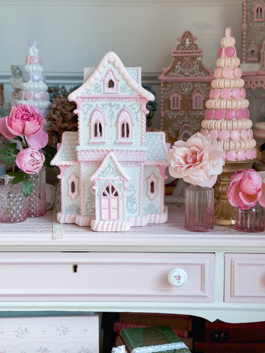 GLOW-UP COMMISSION: Bespoke Pastel Pink and White Hand Painted Two-Story Victorian Gingerbread House