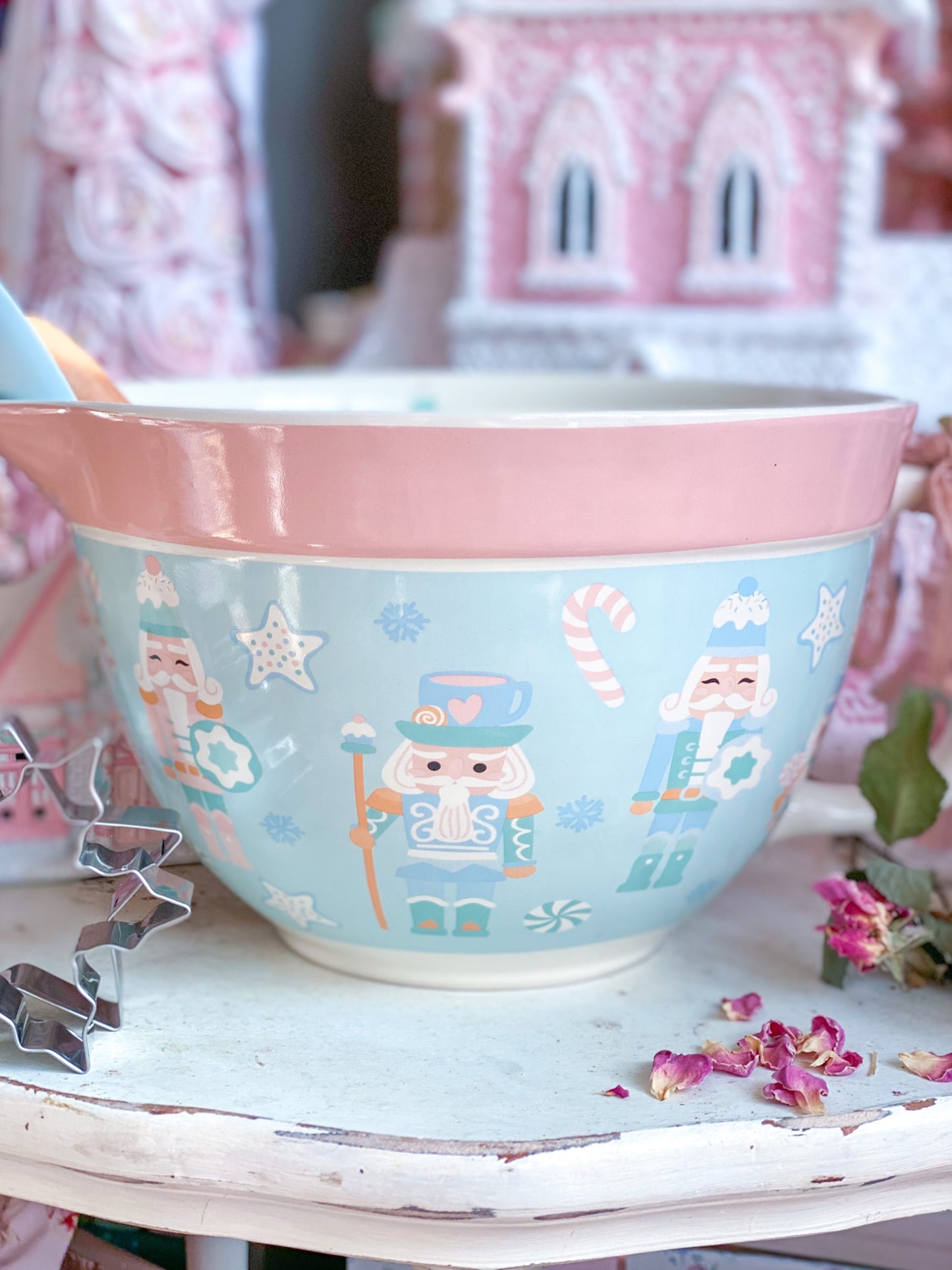 Pastel Pink and Blue Nutcracker Mixing Bowl w Rolling Pin, Spoon and Cookie Cutters