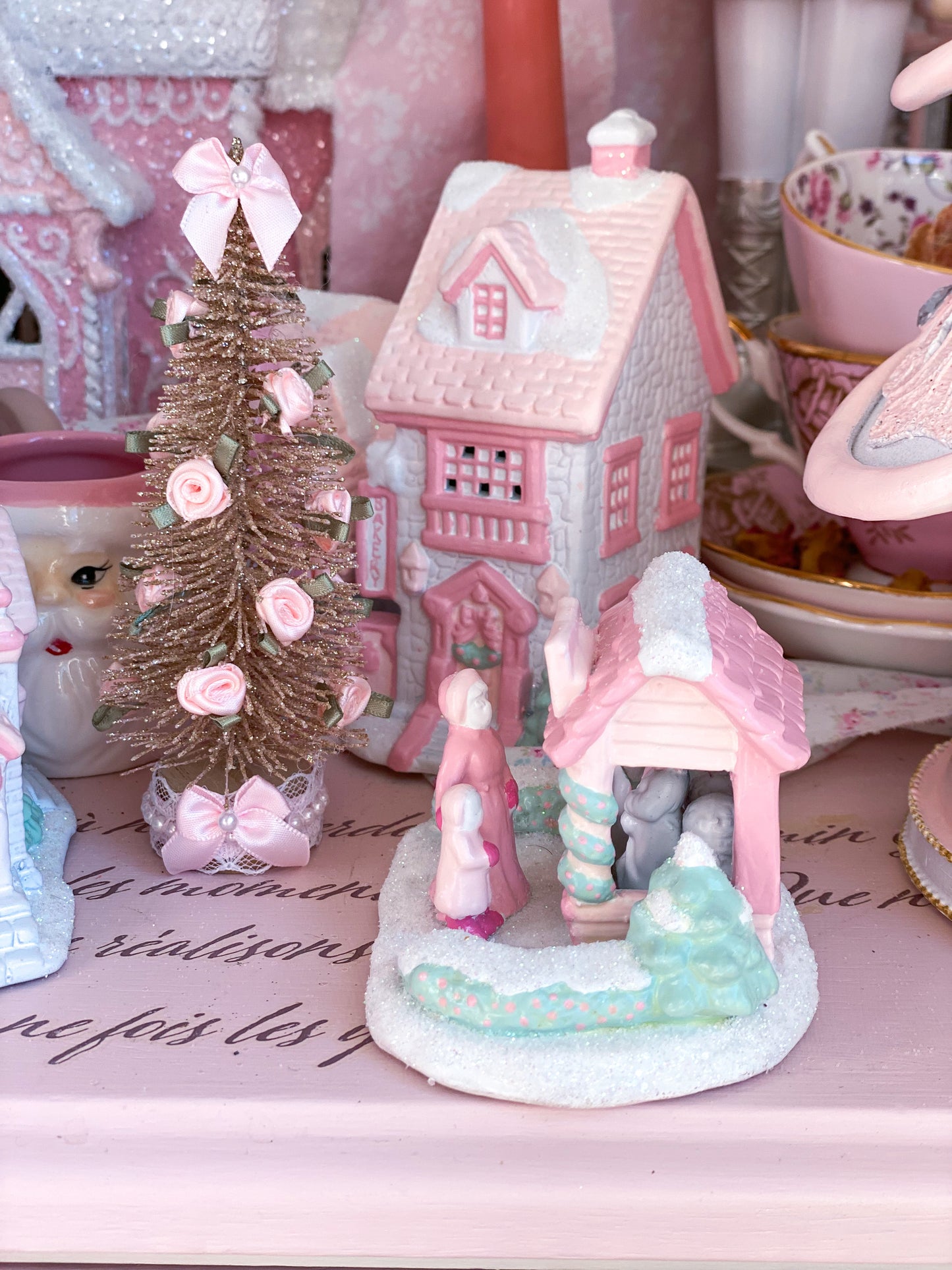 Bespoke Pastel Pink and White Petite Christmas Village Apple Cider Stand