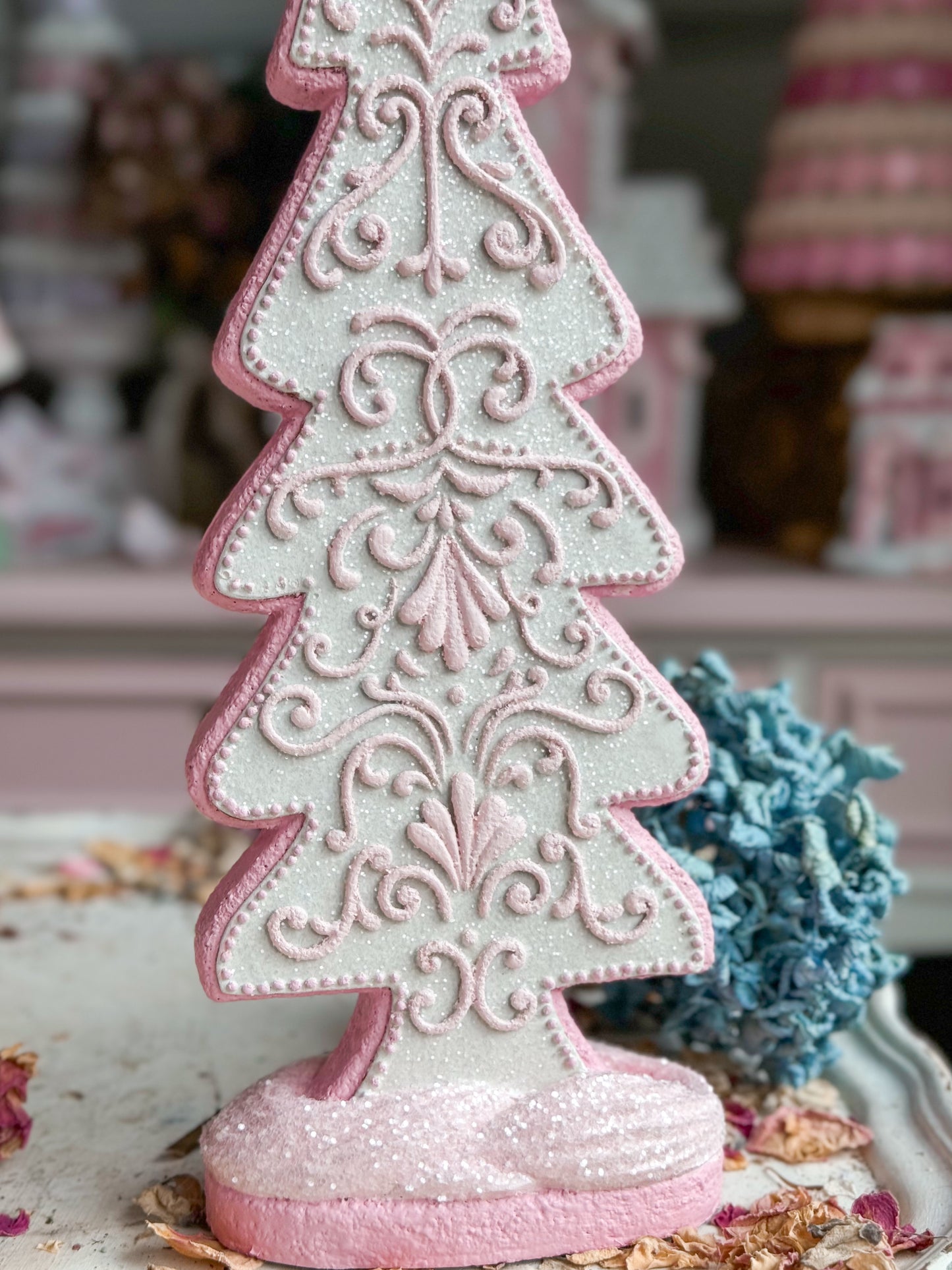 Bespoke Hand Painted Pastel Pink & White Gingerbread Cookie Christmas Tree