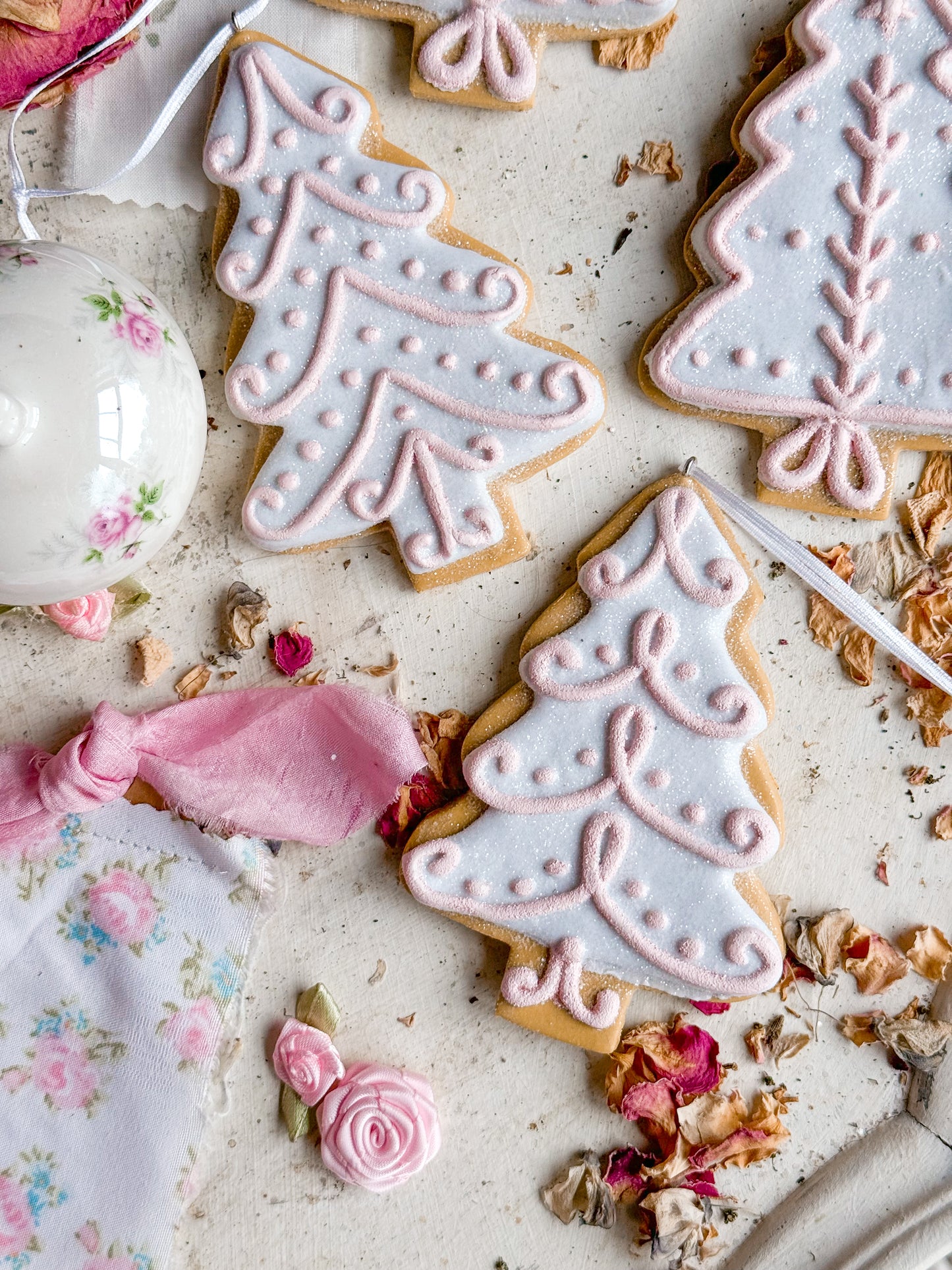 Bespoke Hand Painted Gingerbread Cookie Christmas Tree Ornaments with Pastel Pink Icing