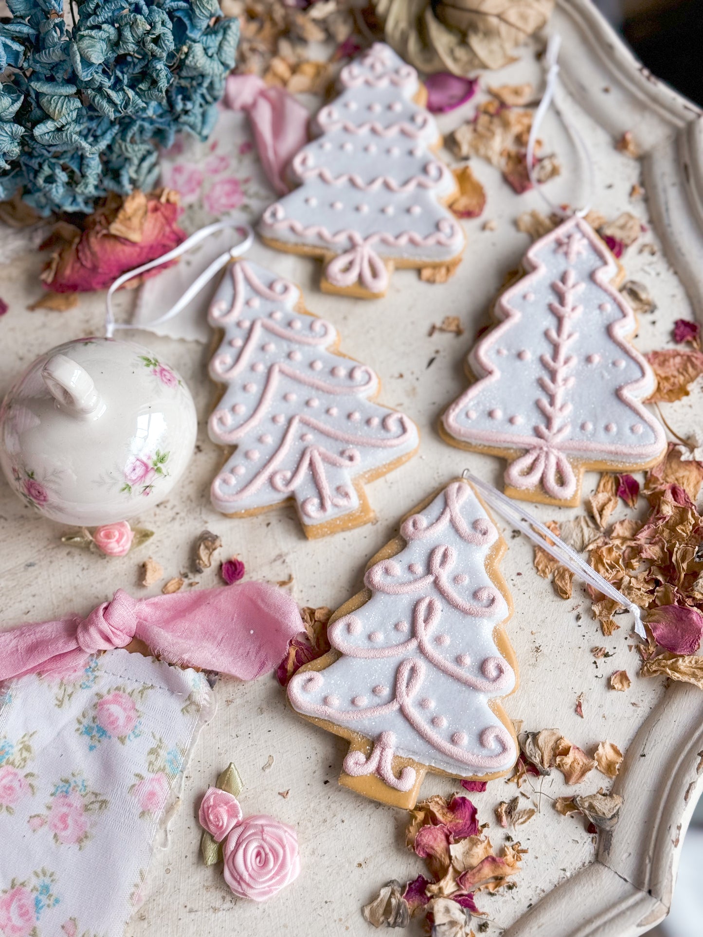 Bespoke Hand Painted Gingerbread Cookie Christmas Tree Ornaments with Pastel Pink Icing