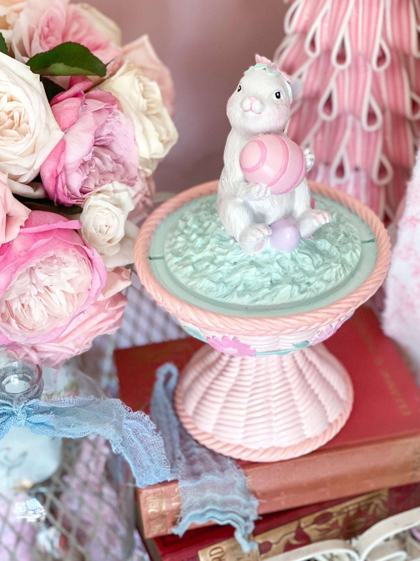 Bespoke Easter Bunny in Cloche on Pastel Pink Pedestal Base Hand Painted