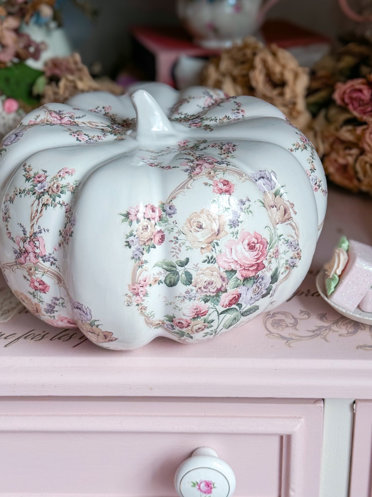 Bespoke Shabby Chic White Floral Ceramic Pumpkin + Custom Blue Paint