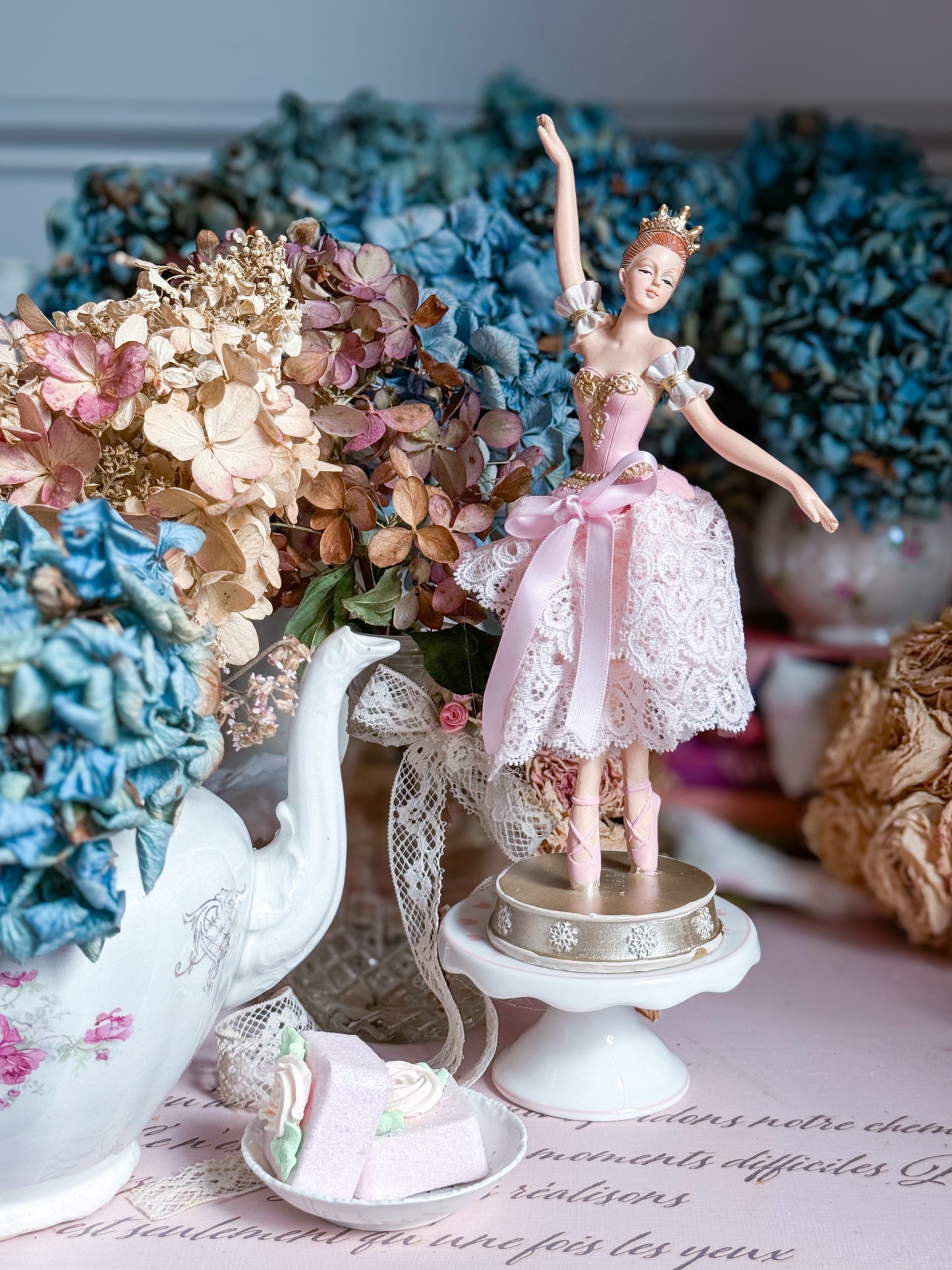 Bespoke Pink Ballerina Figurine with Handmade Skirt of Luxurious Pastel Pink Lace