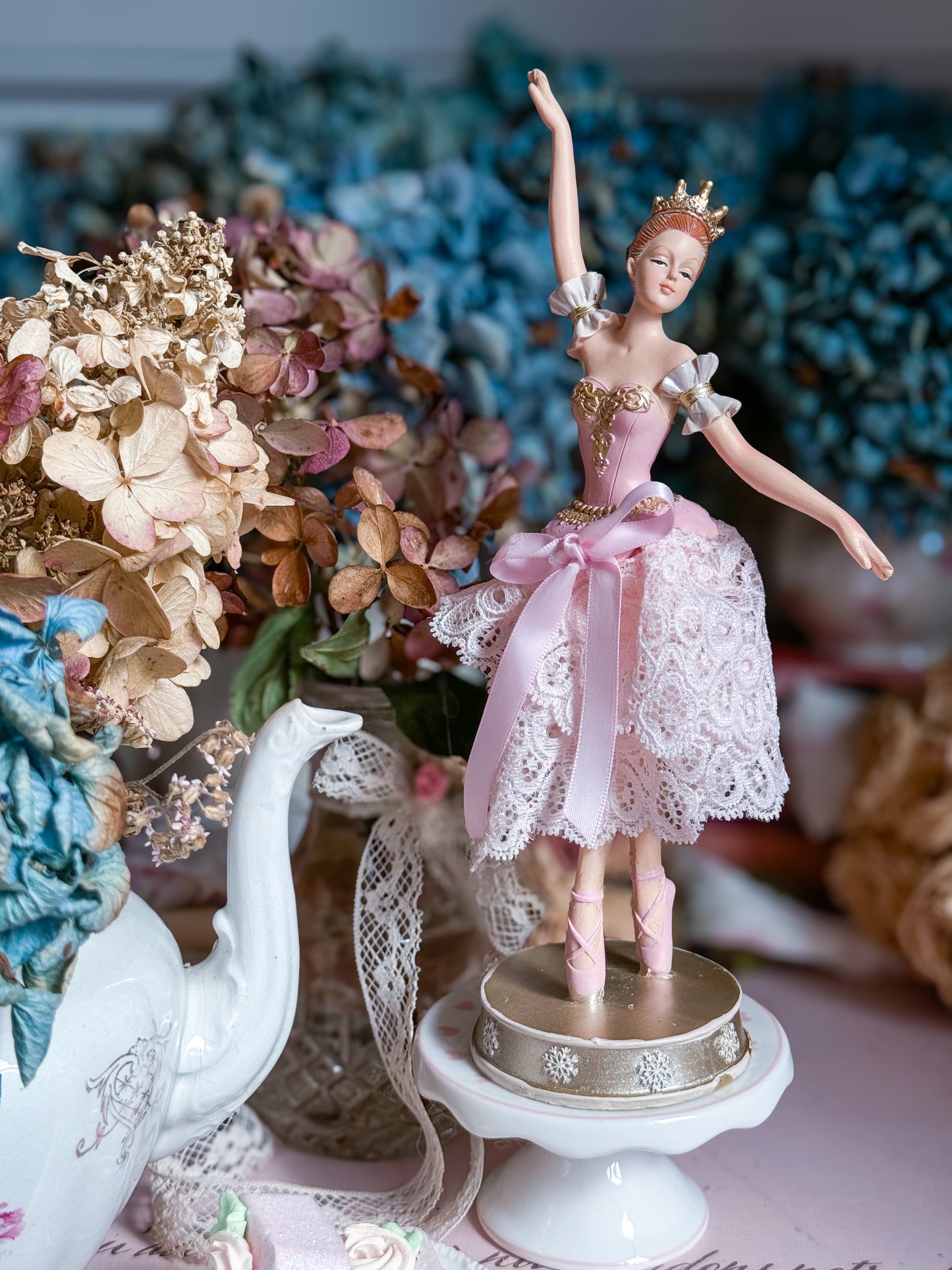 Bespoke Pink Ballerina Figurine with Handmade Skirt of Luxurious Pastel Pink Lace