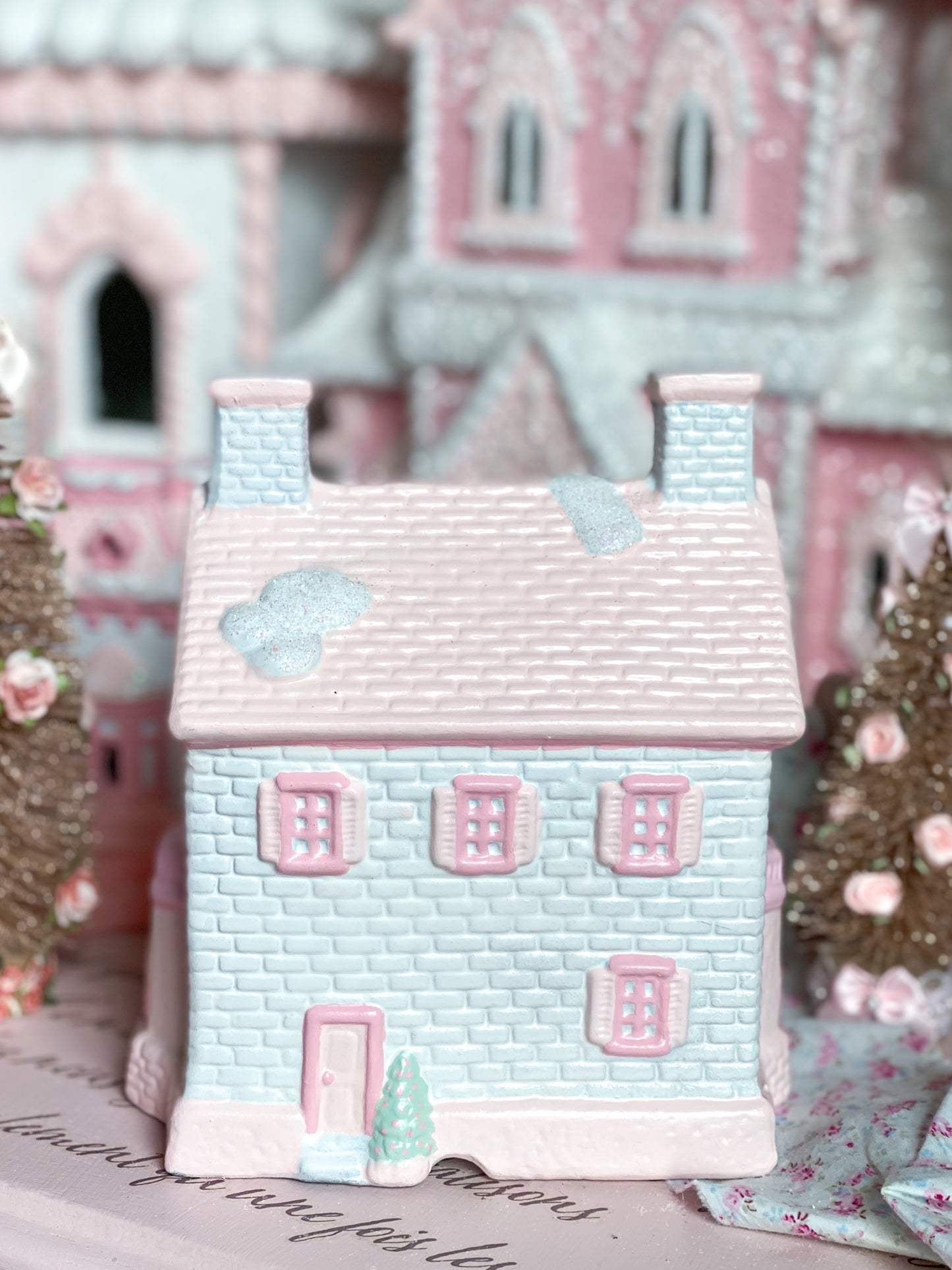 Bespoke Hand Painted Pastel Pink and White Christmas Village Antebellum Grand Hotel