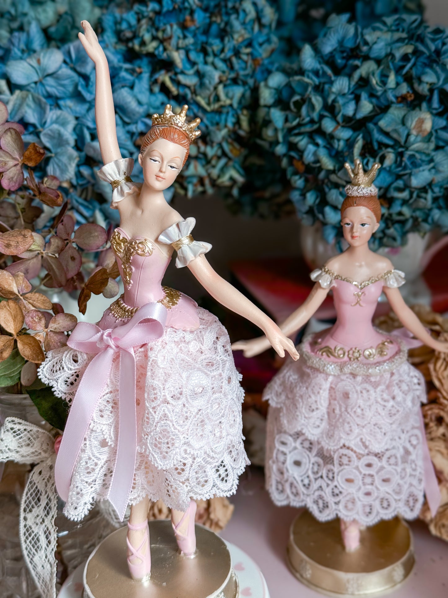 Bespoke Pink Ballerina Figurine with Handmade Skirt of Luxurious Pastel Pink Lace