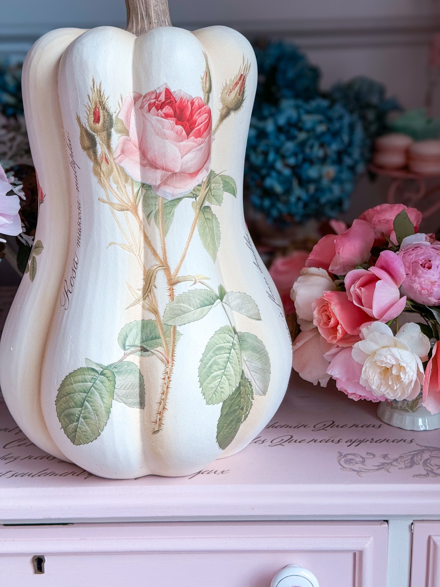 PRE-ORDER: Bespoke Redoute Roses Autumn Pumpkin Gourd with all Pink Roses