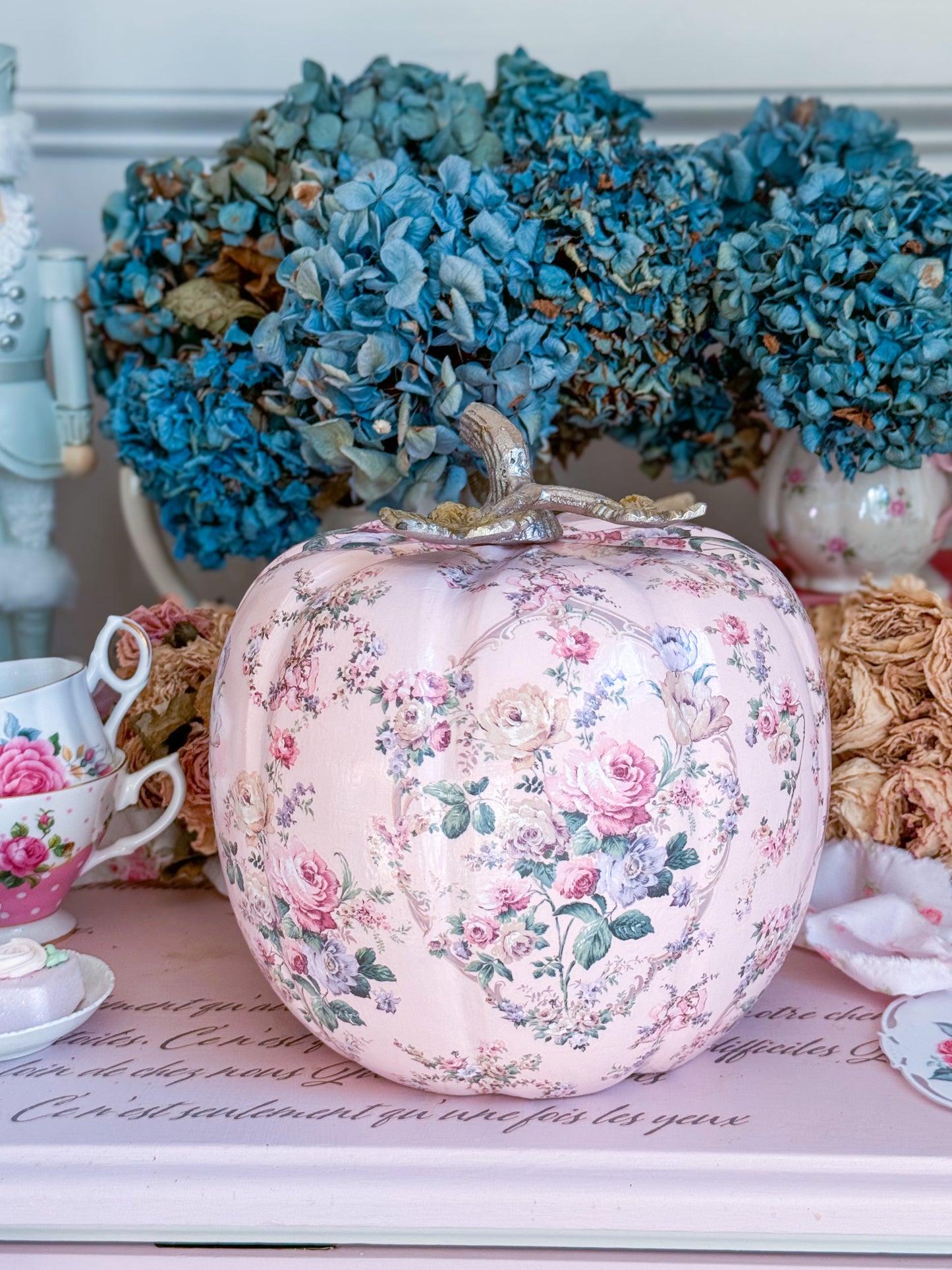 Bespoke Pastel Pink Hand Painted Shabby Chic Floral Pumpkin