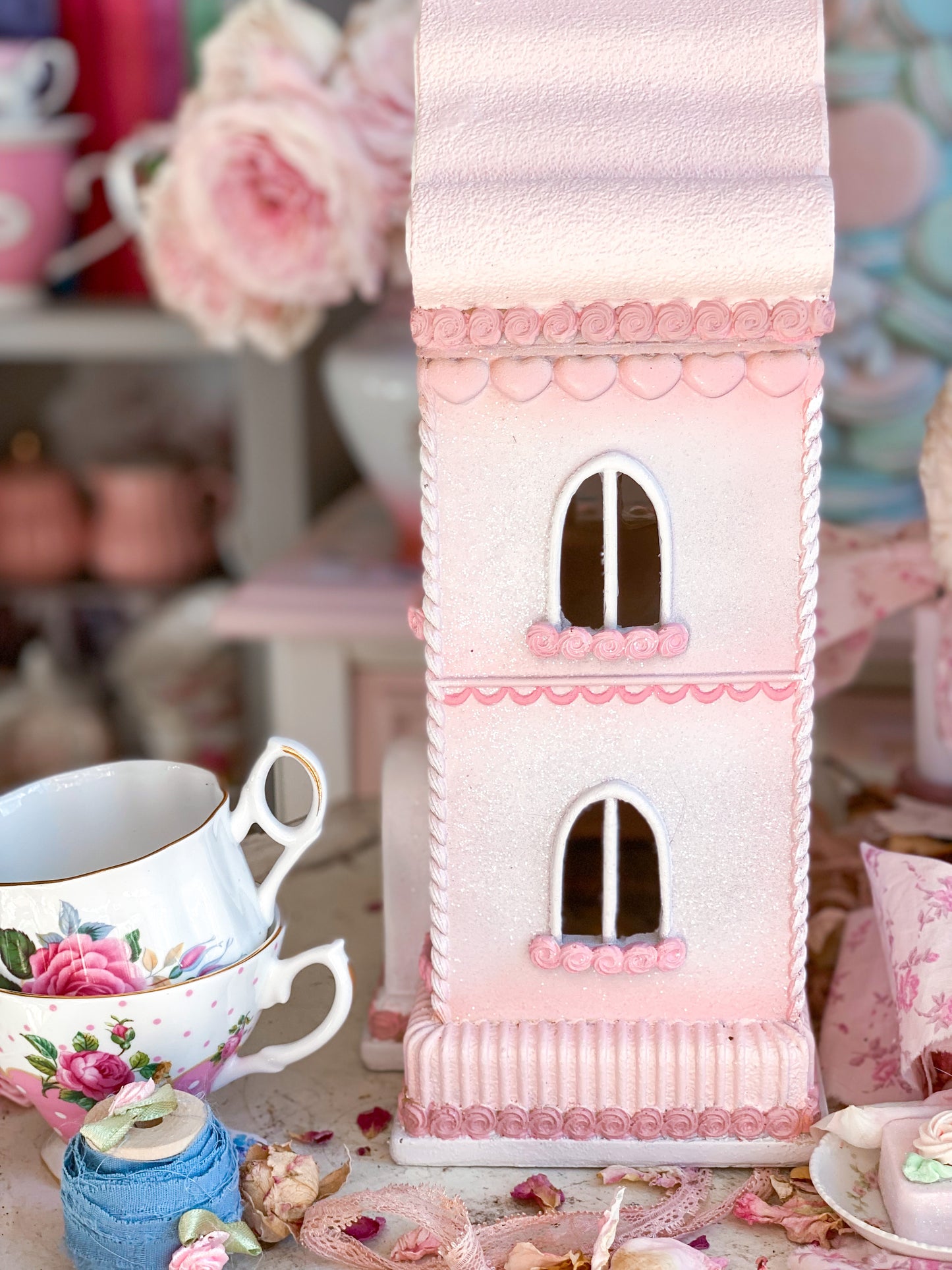 Bespoke Pastel Pink Spring or Valentine’s Day Floral LED light up Gingerbread House