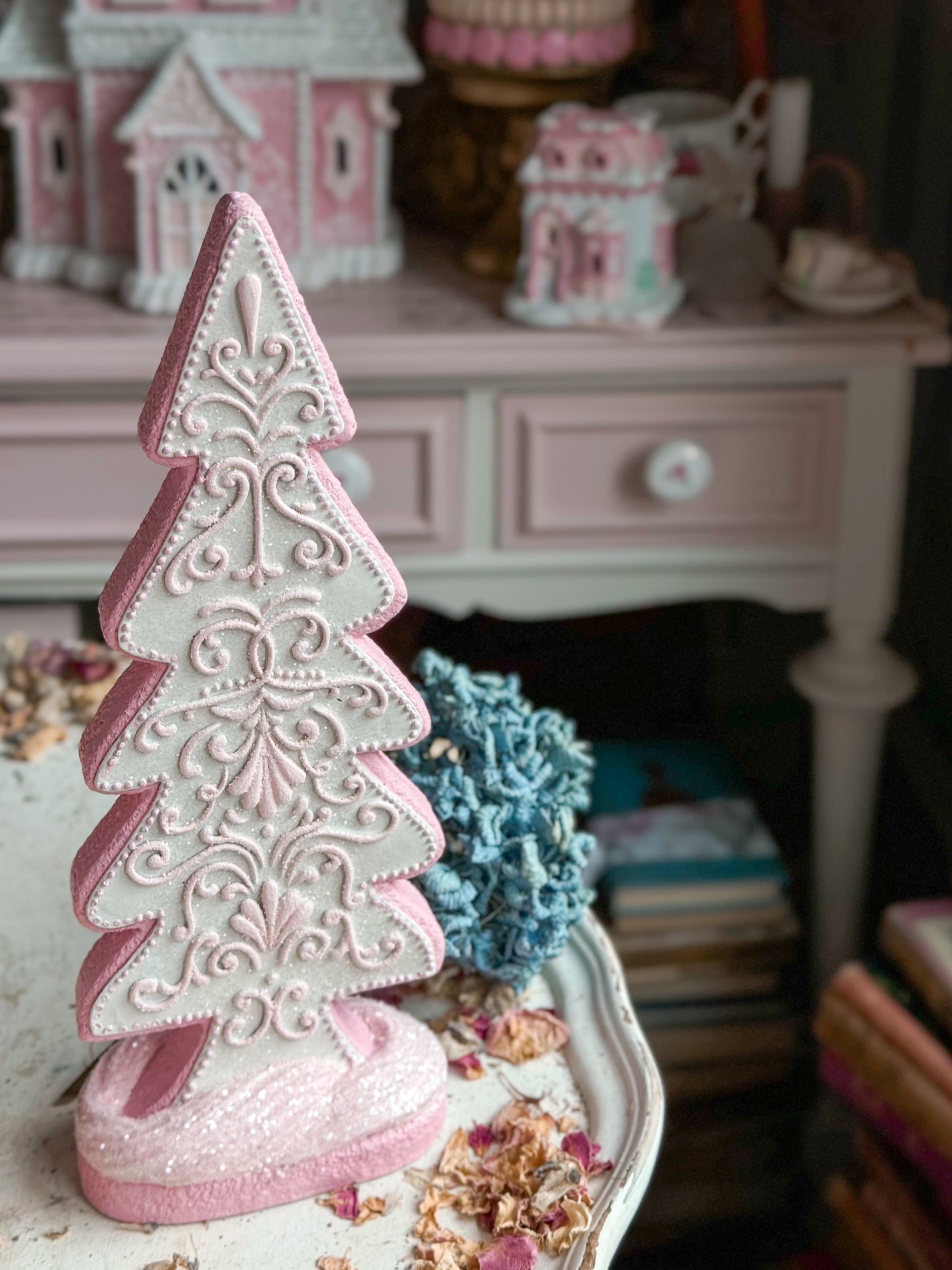 Bespoke Hand Painted Pastel Pink & White Gingerbread Cookie Christmas Tree