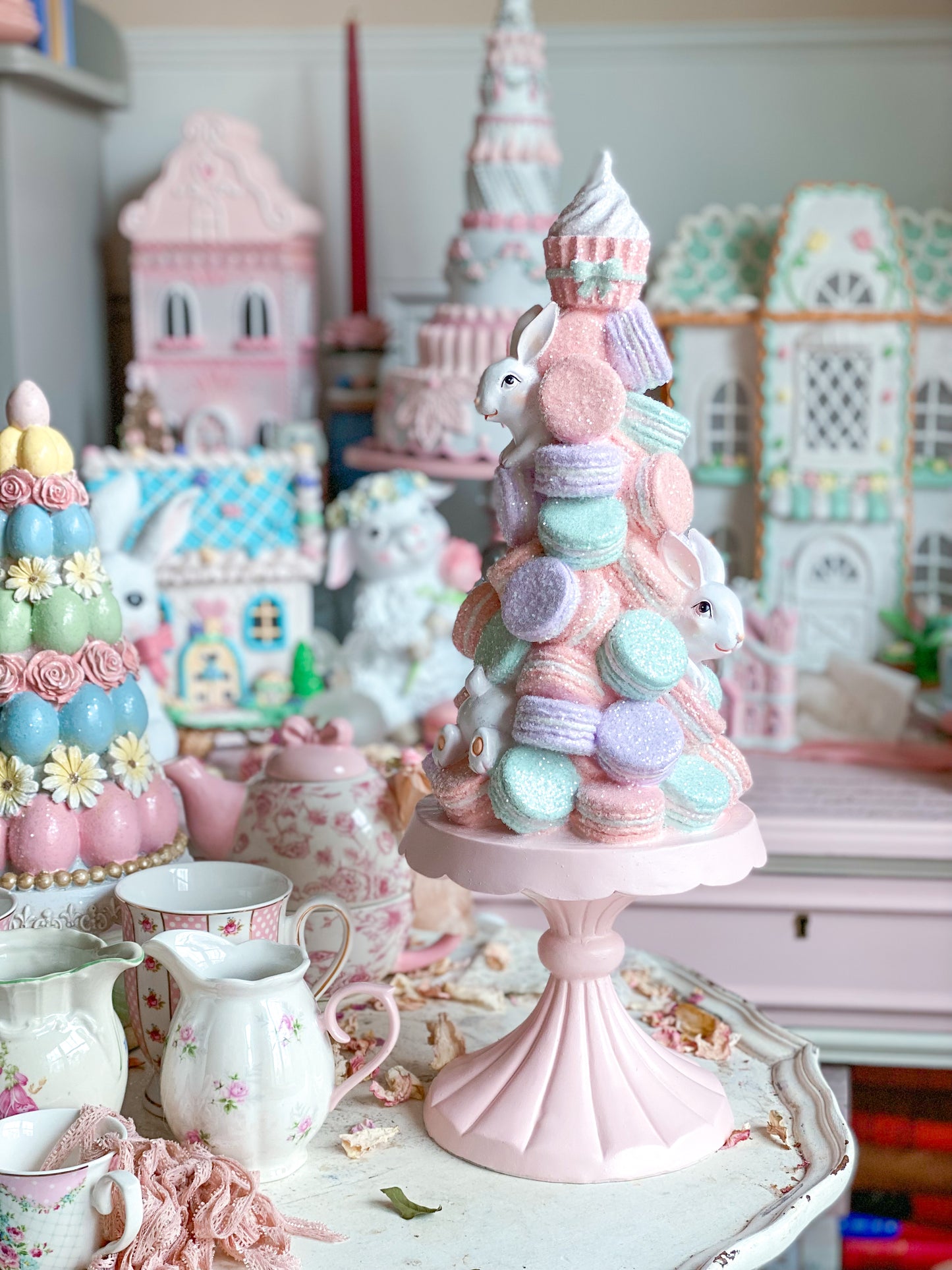 Bespoke Pastel Pink, Purple & Mint Green Bunny Macaron Tower on Blush Pink Pedestal Base