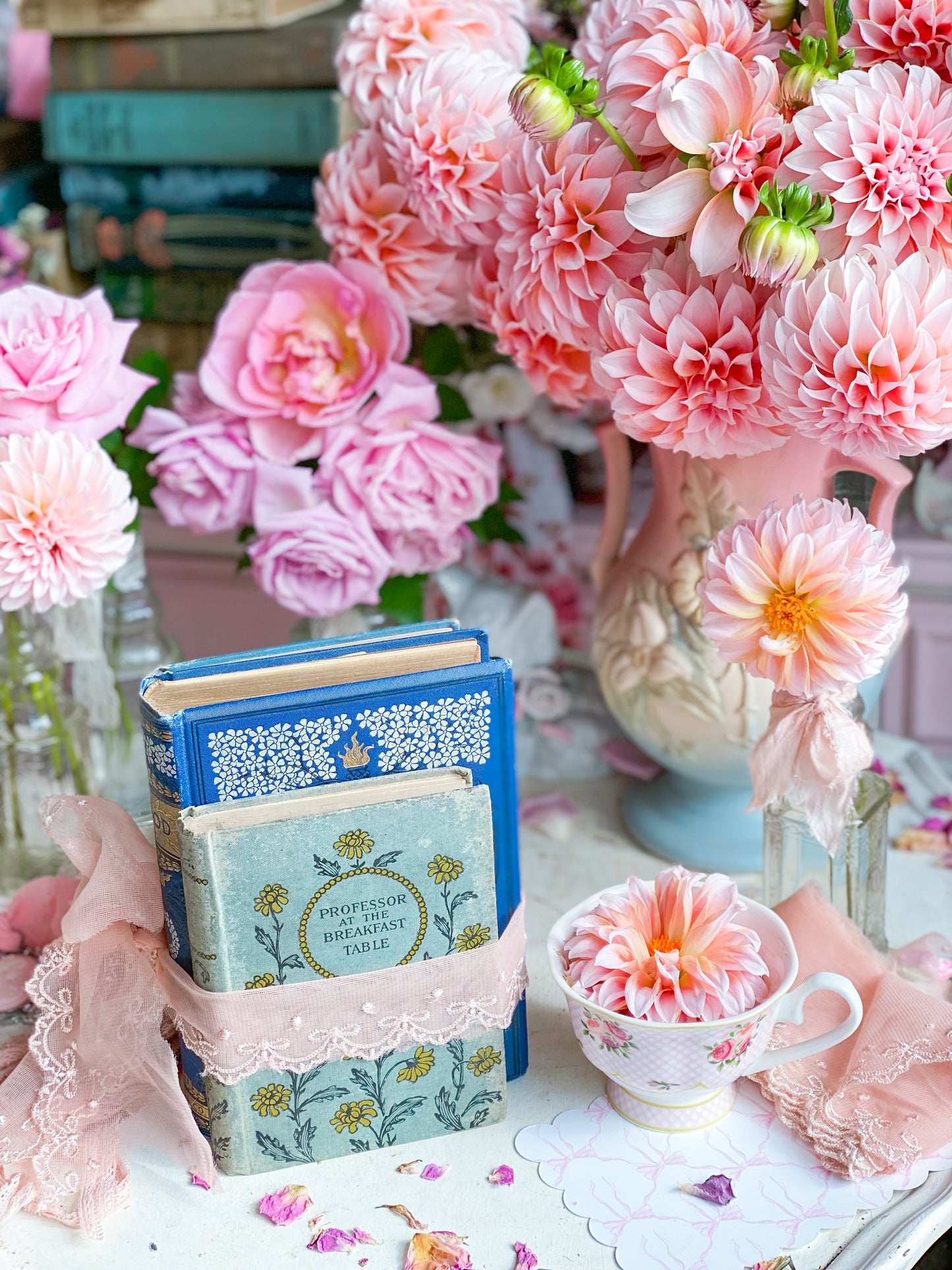 Set of 3 Blue Books with Floral Spines Wrapped in Vintage Blush Pink Ribbon