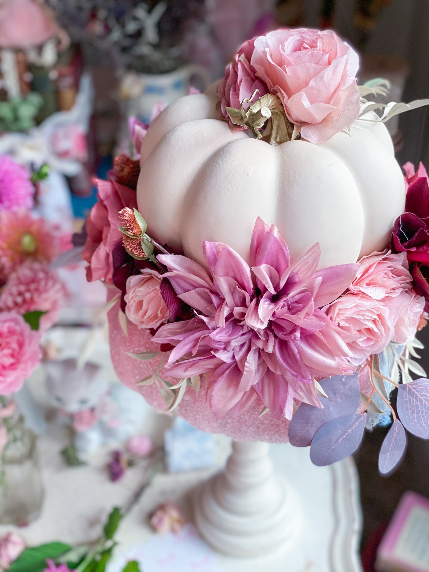 Bespoke Upcycled Cream and Pink Pumpkin Finial
